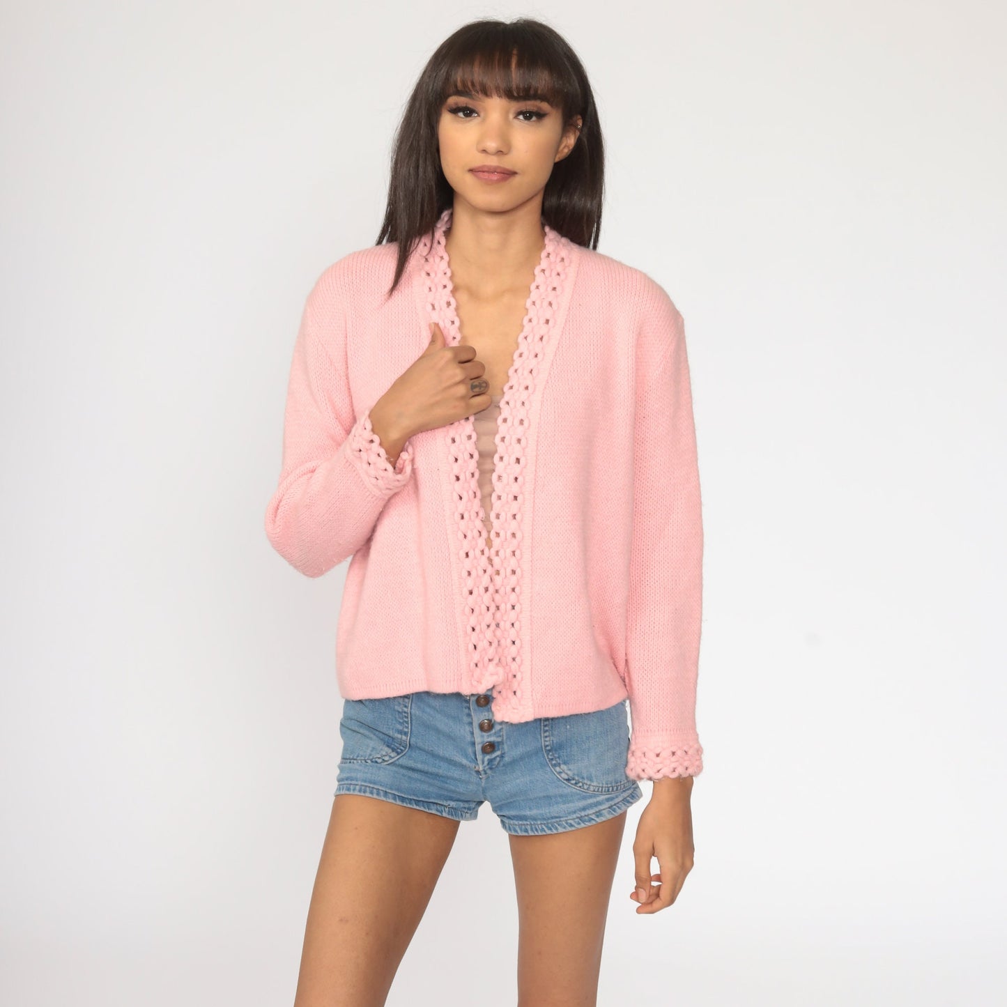 70s Pink Crochet Cardigan Sweater Open Front Knit Medium M