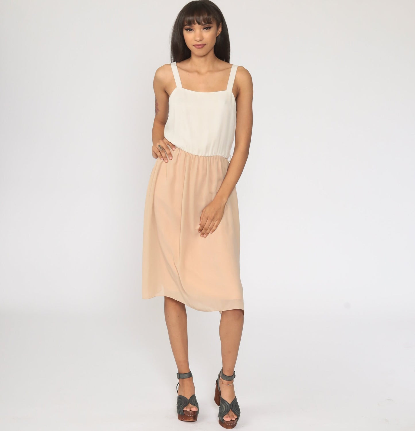 70s Off-White Tan Midi Sundress High Waist Sleeveless Tank Extra Small