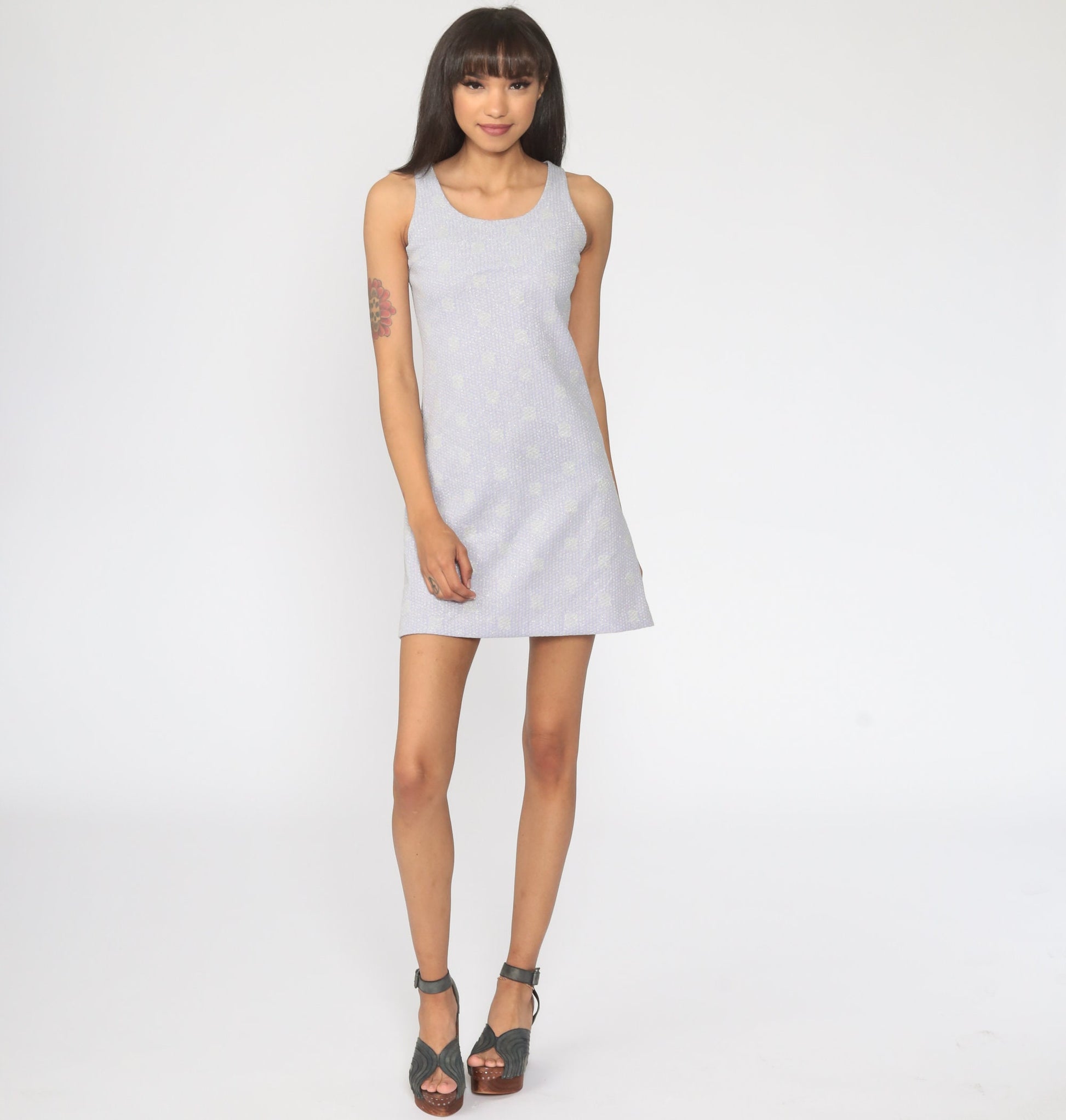 1970s Lavender Metallic Polka Dot Mini Dress Sleeveless Sheath Extra Small