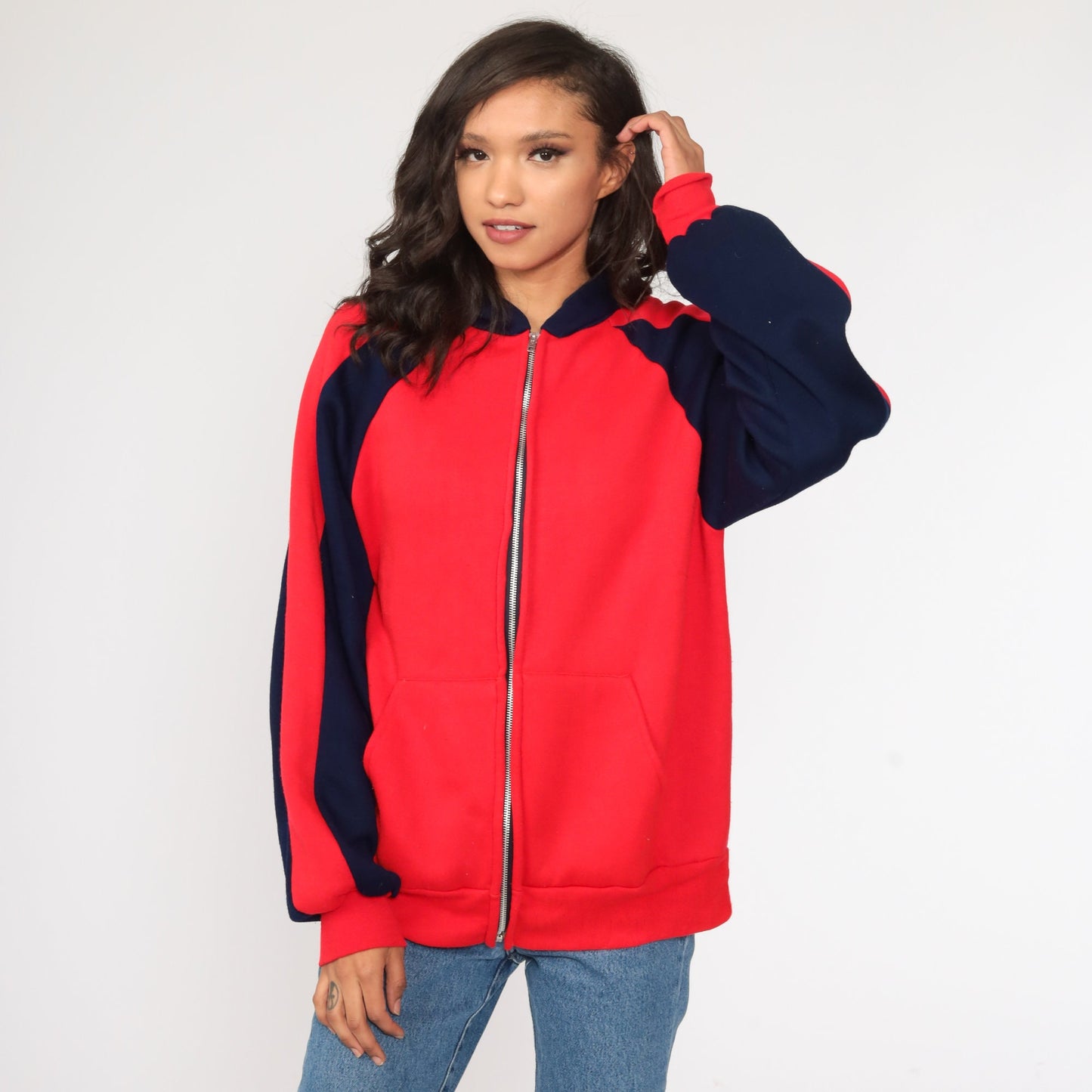 80s Navy Red Striped Zip-Up Hoodie Sweatshirt Medium Large