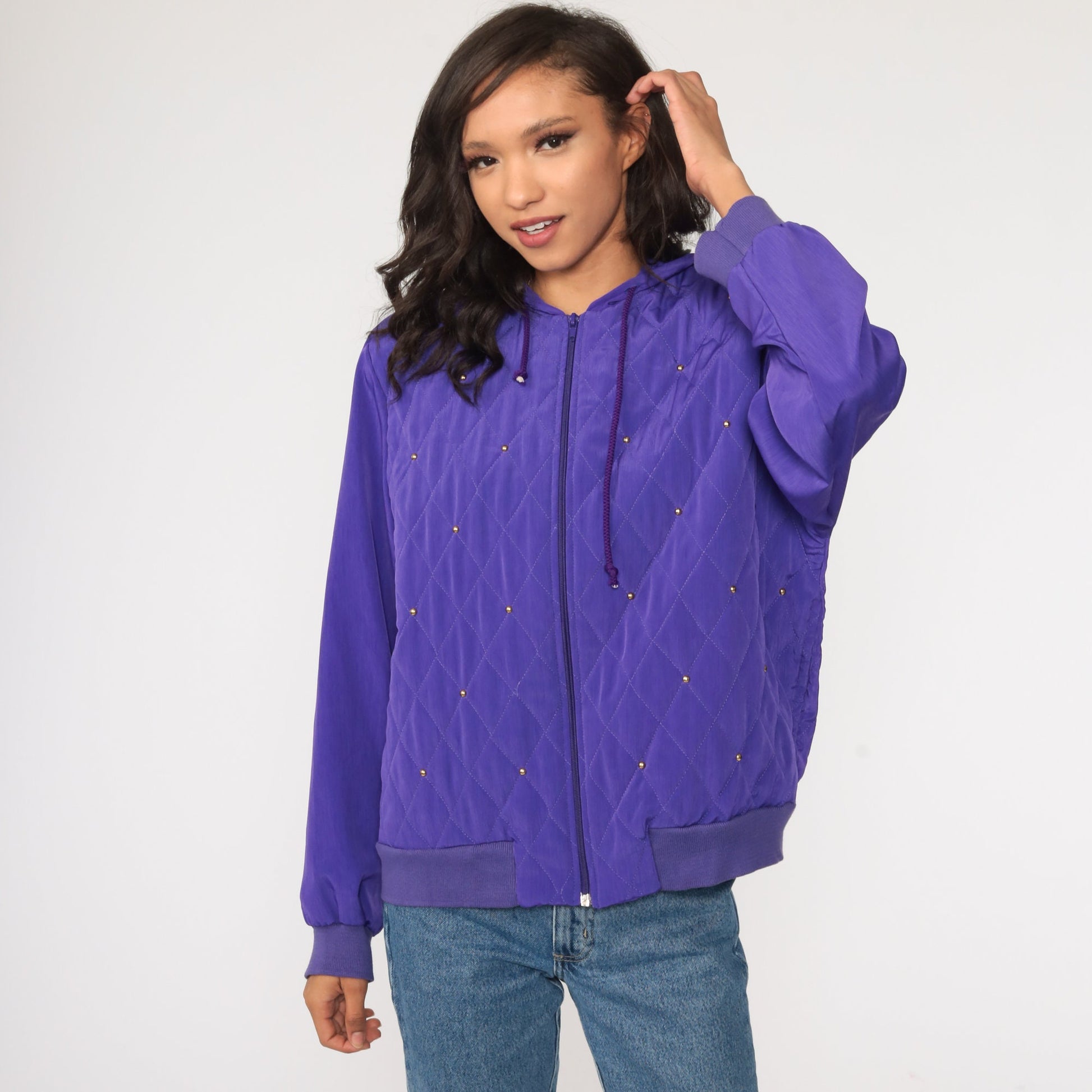 90s Purple Quilted Windbreaker Jacket Beaded Hooded Shell Large