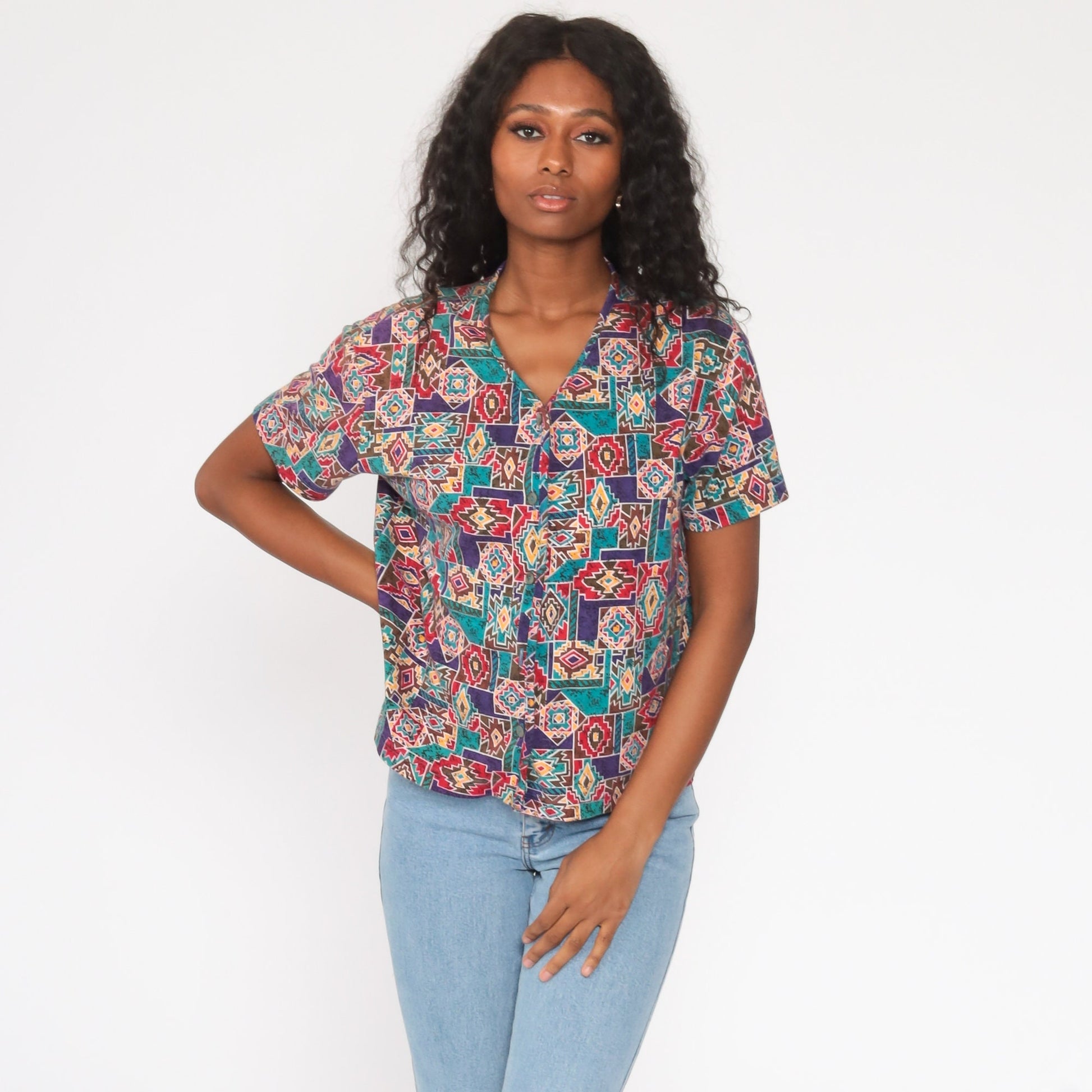90s Geometric Tribal Print Cotton Button Up Shirt Medium