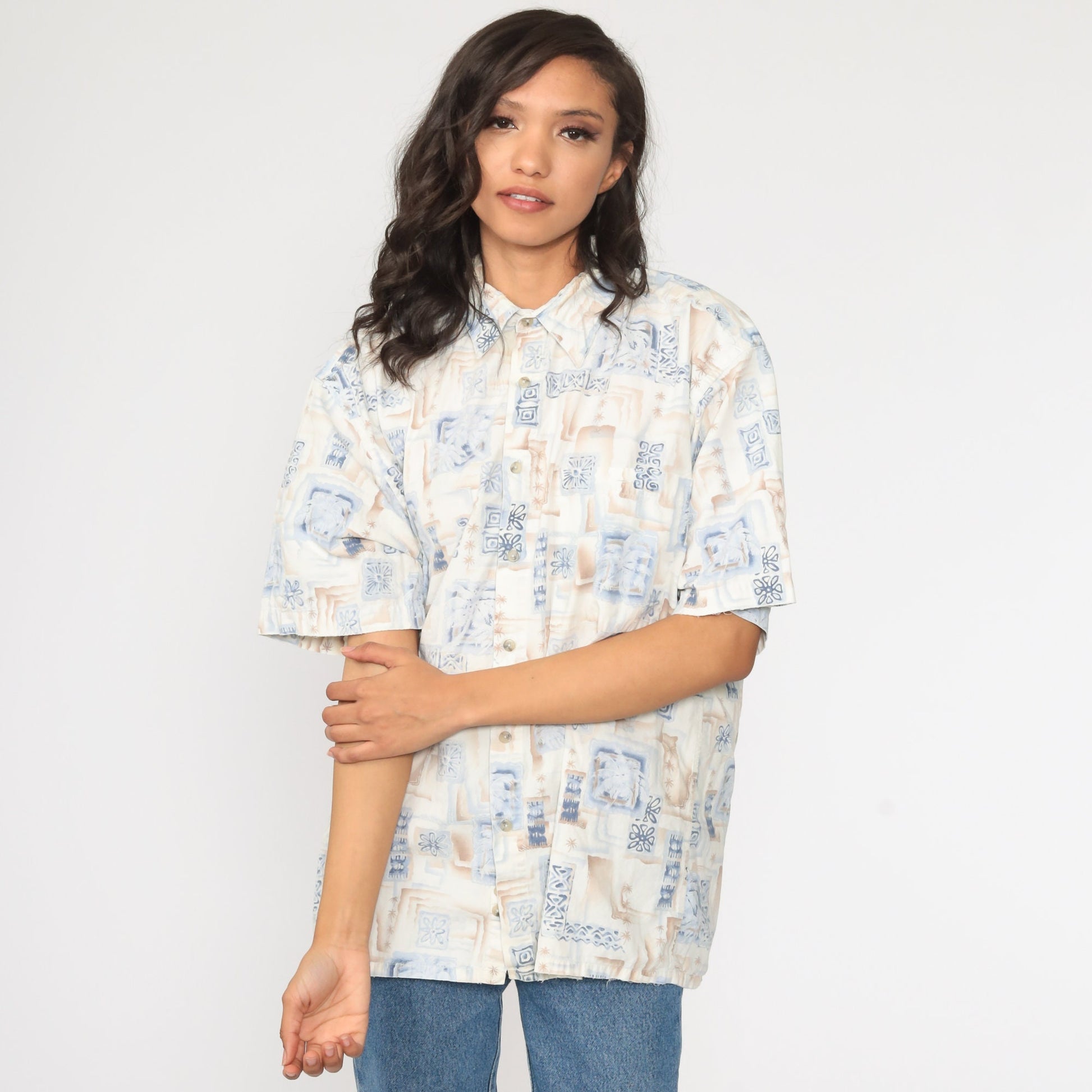 90s Pierre Cardin Hawaiian Shirt Palm Tree Print Cotton Button Up Large