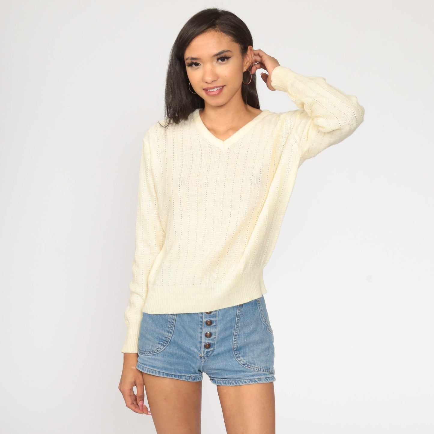 80s Cream V-Neck Knit Sweater Pointelle Slouchy Pullover Medium