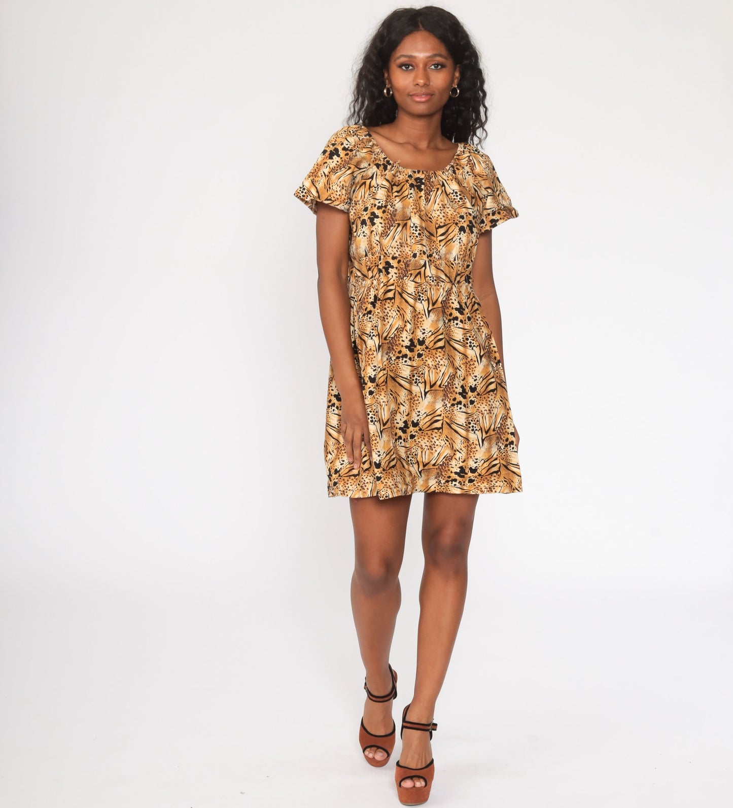 80s Leopard Print Babydoll Dress Empire Waist Mini Brown Cotton Medium Large