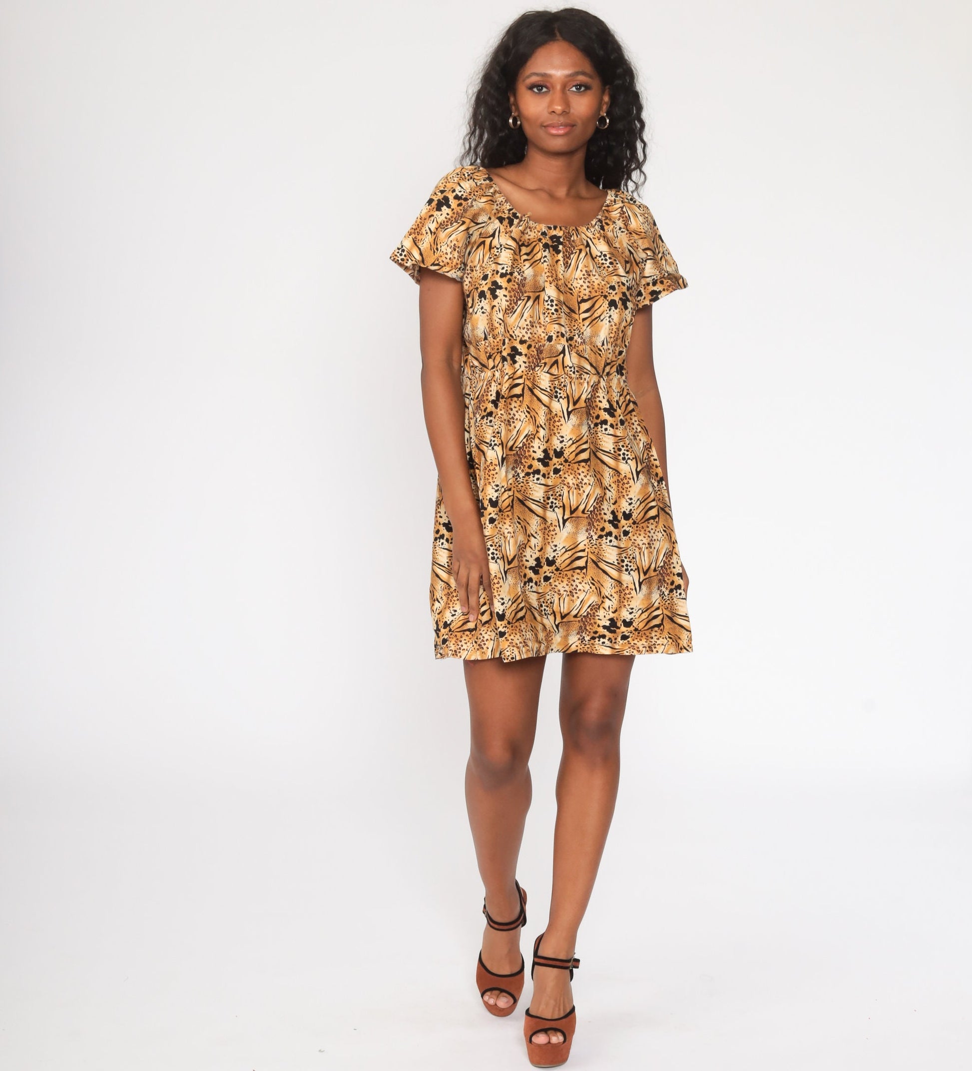 80s Leopard Print Babydoll Dress Empire Waist Mini Brown Cotton Medium Large