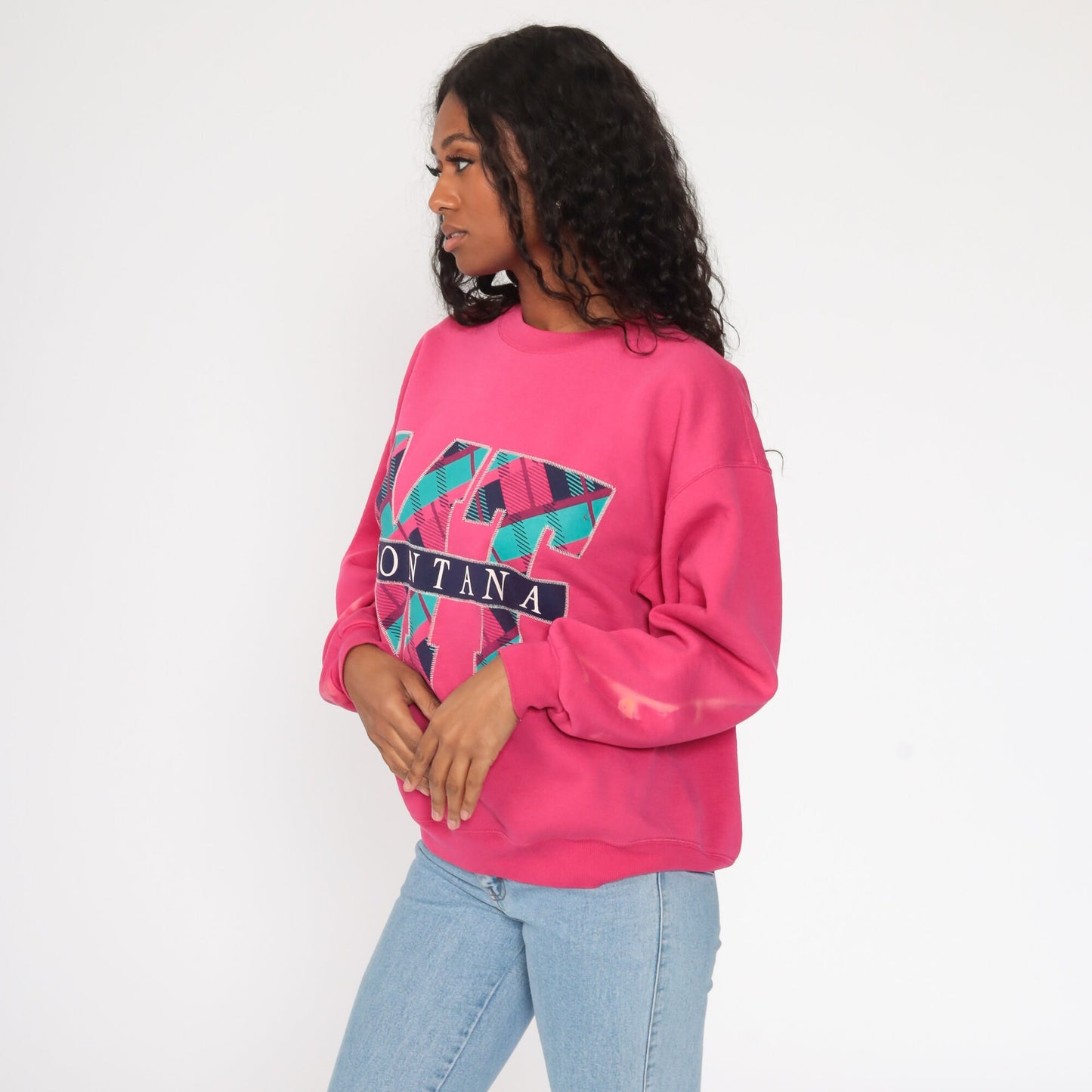 90s Jerzees Montana Graphic Sweatshirt Hot Pink Crewneck Distressed Large