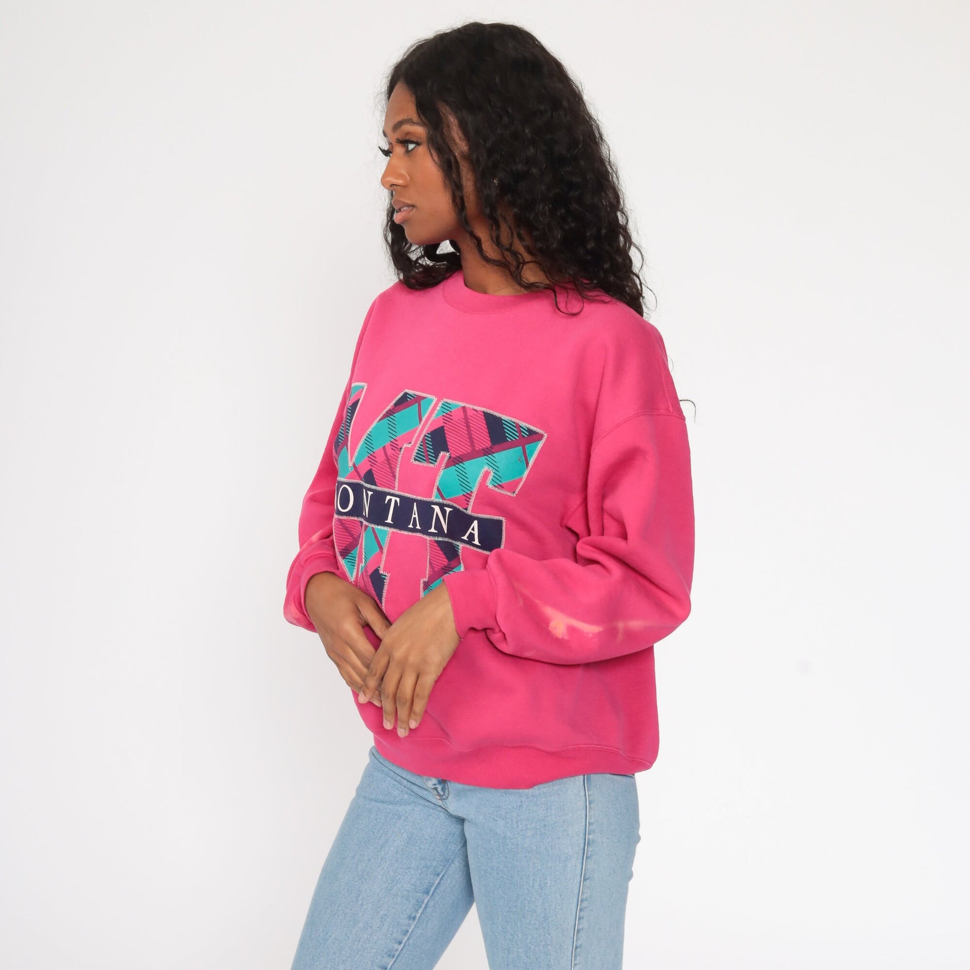90s Jerzees Montana Graphic Sweatshirt Hot Pink Crewneck Distressed Large