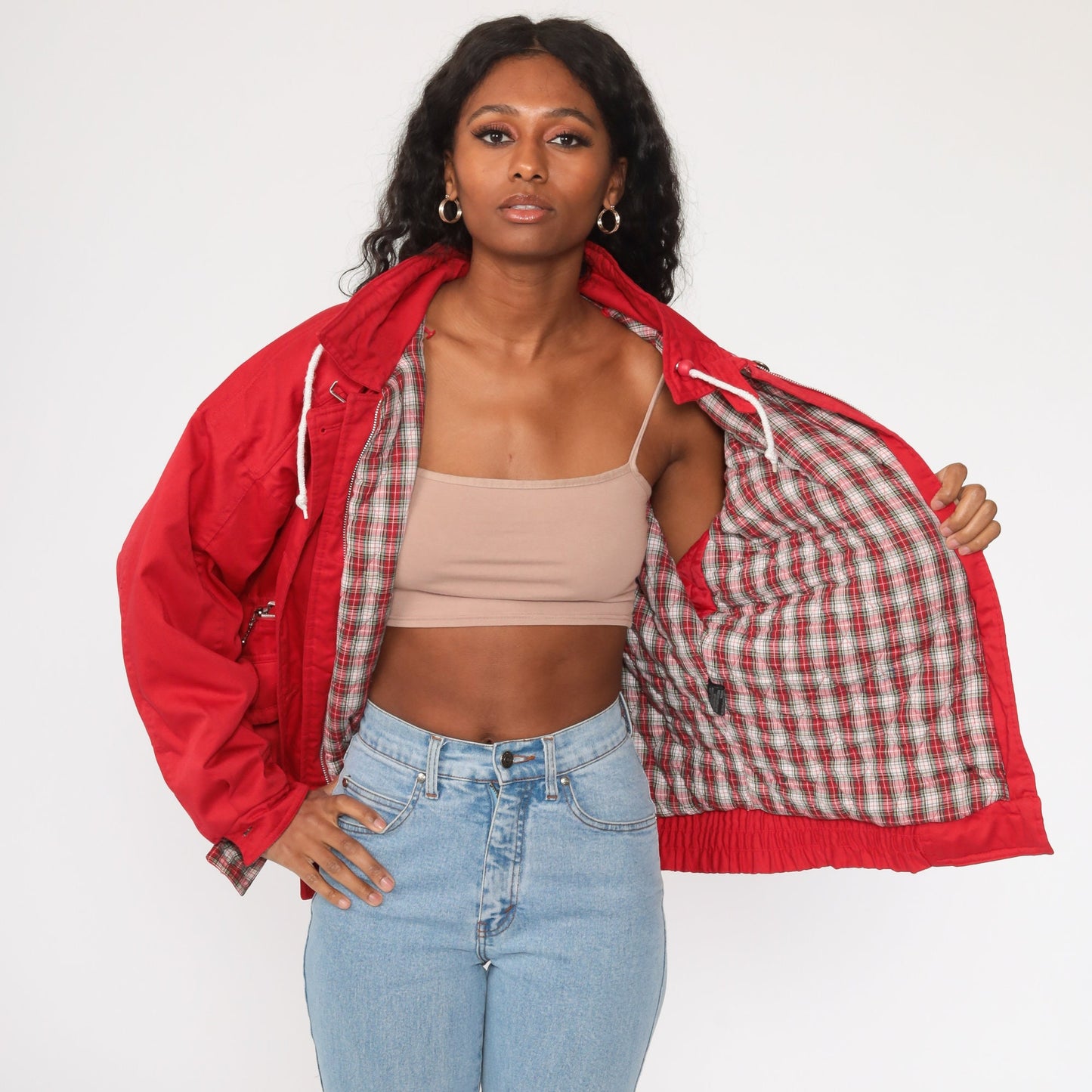 80s Red Windbreaker Jacket Plaid Lined Cotton Blend Large