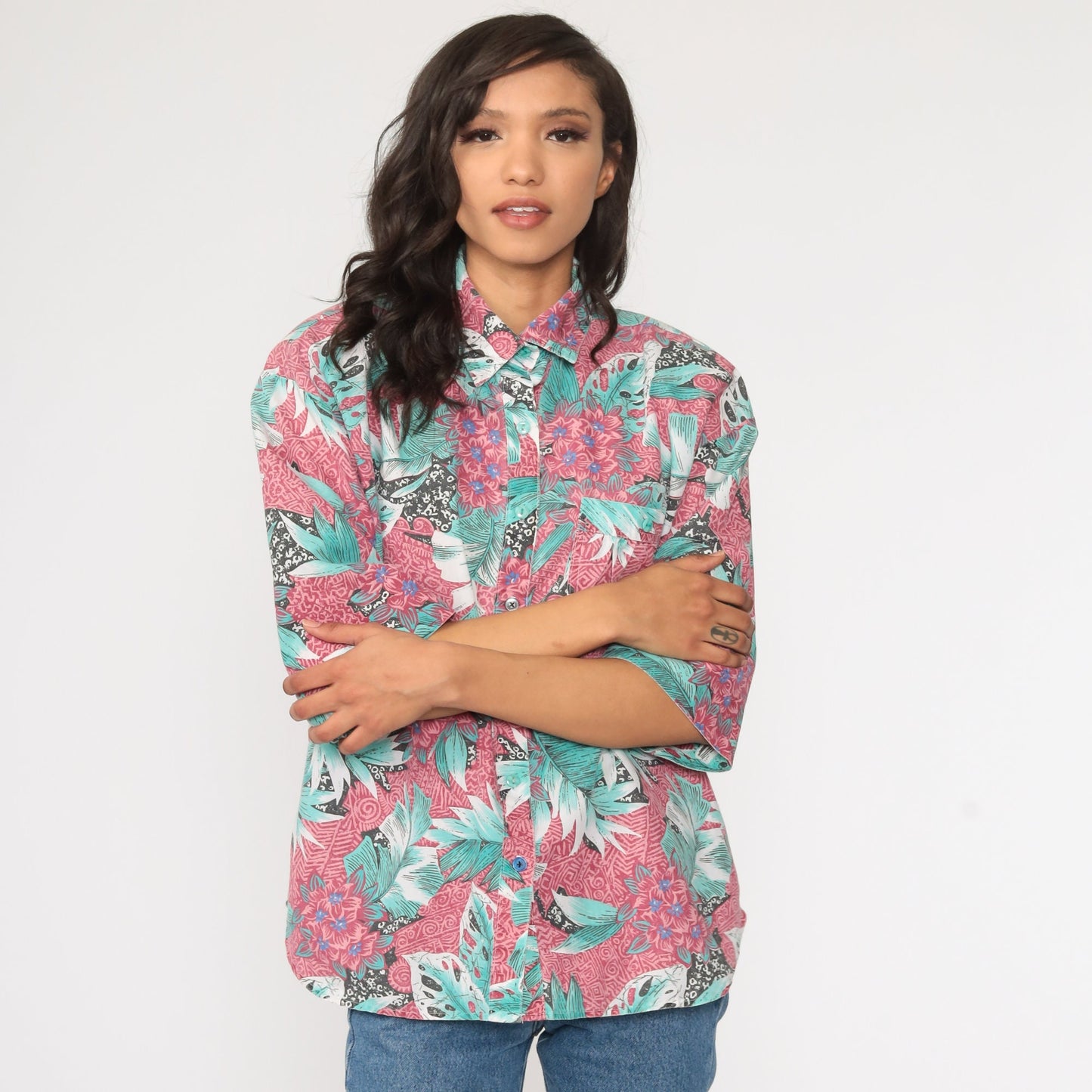 80s Tropical Floral Button-Up Shirt Green Pink Leaf Print Medium Large