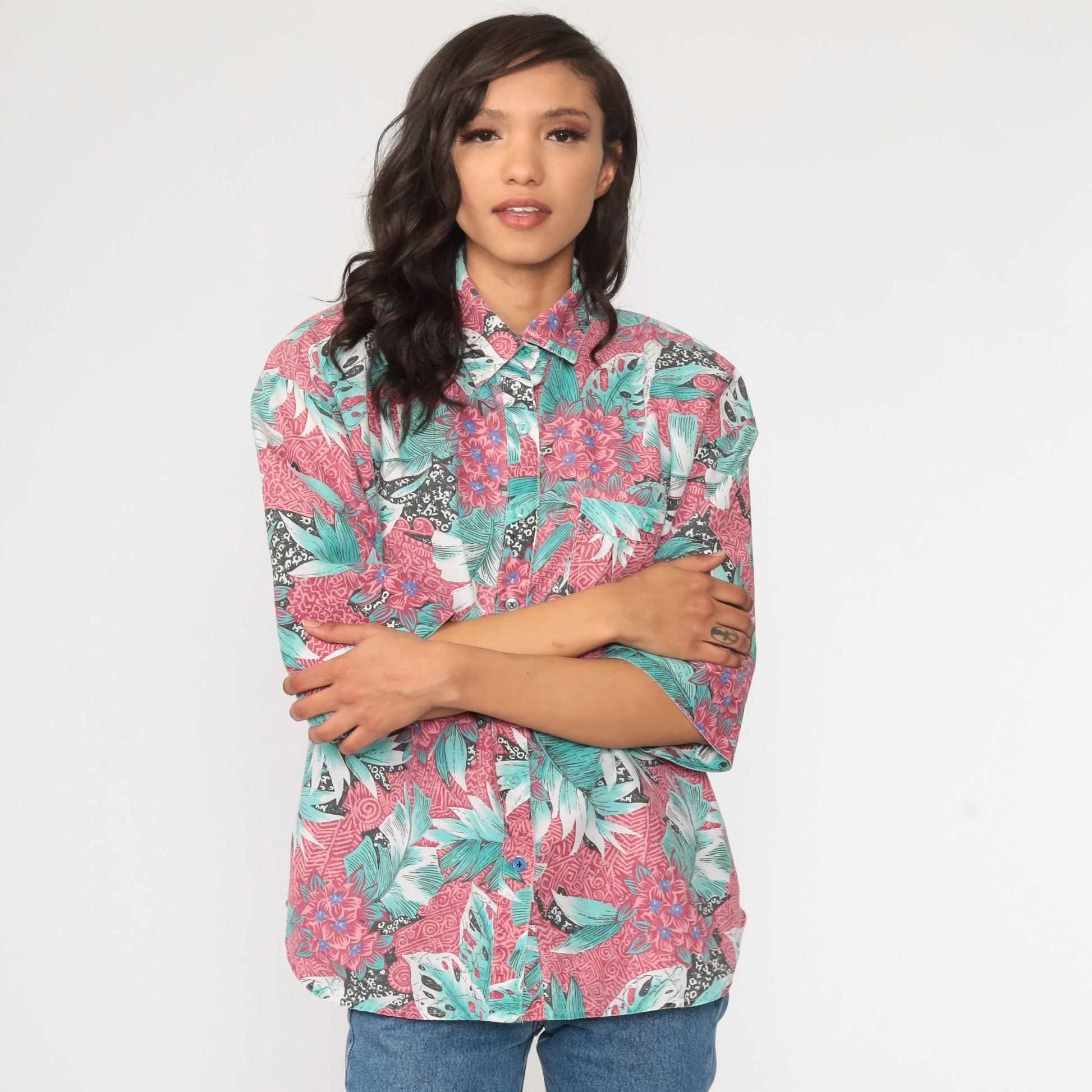 80s Tropical Floral Button-Up Shirt Green Pink Leaf Print Medium Large