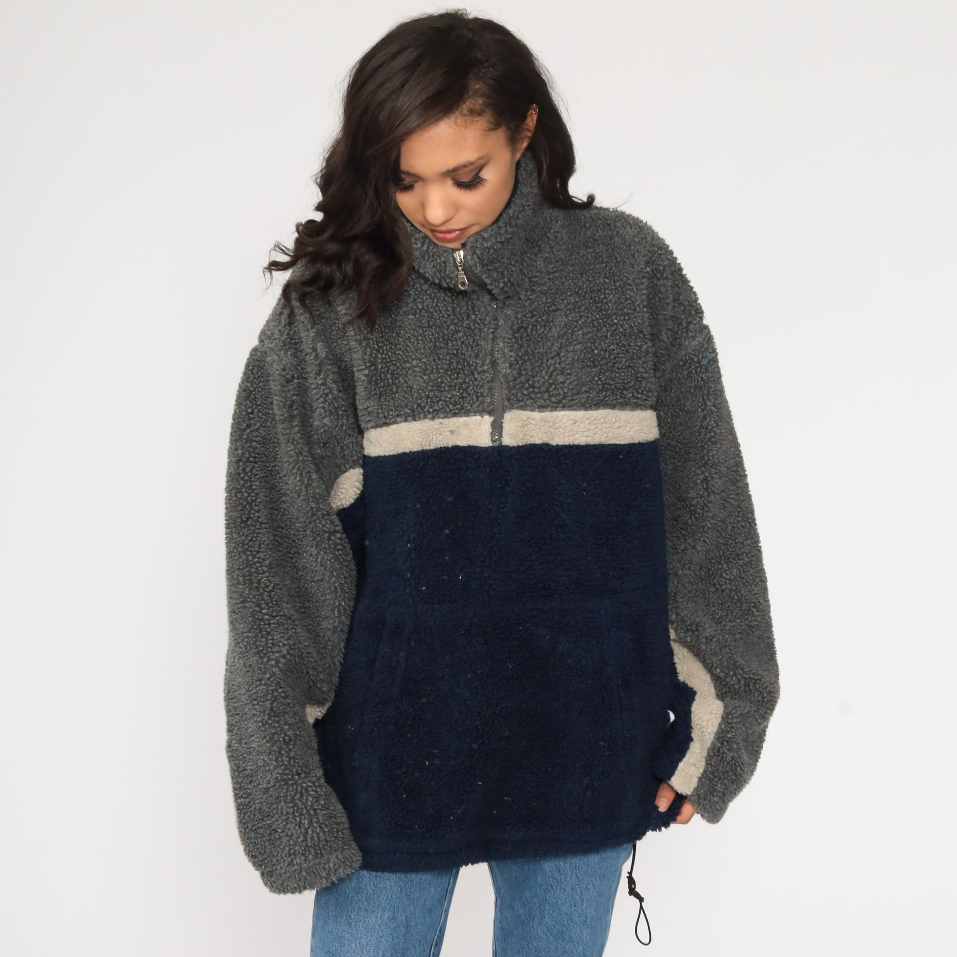 90s Navy Grey Colour Block Fleece Half-Zip Pullover Jacket Large