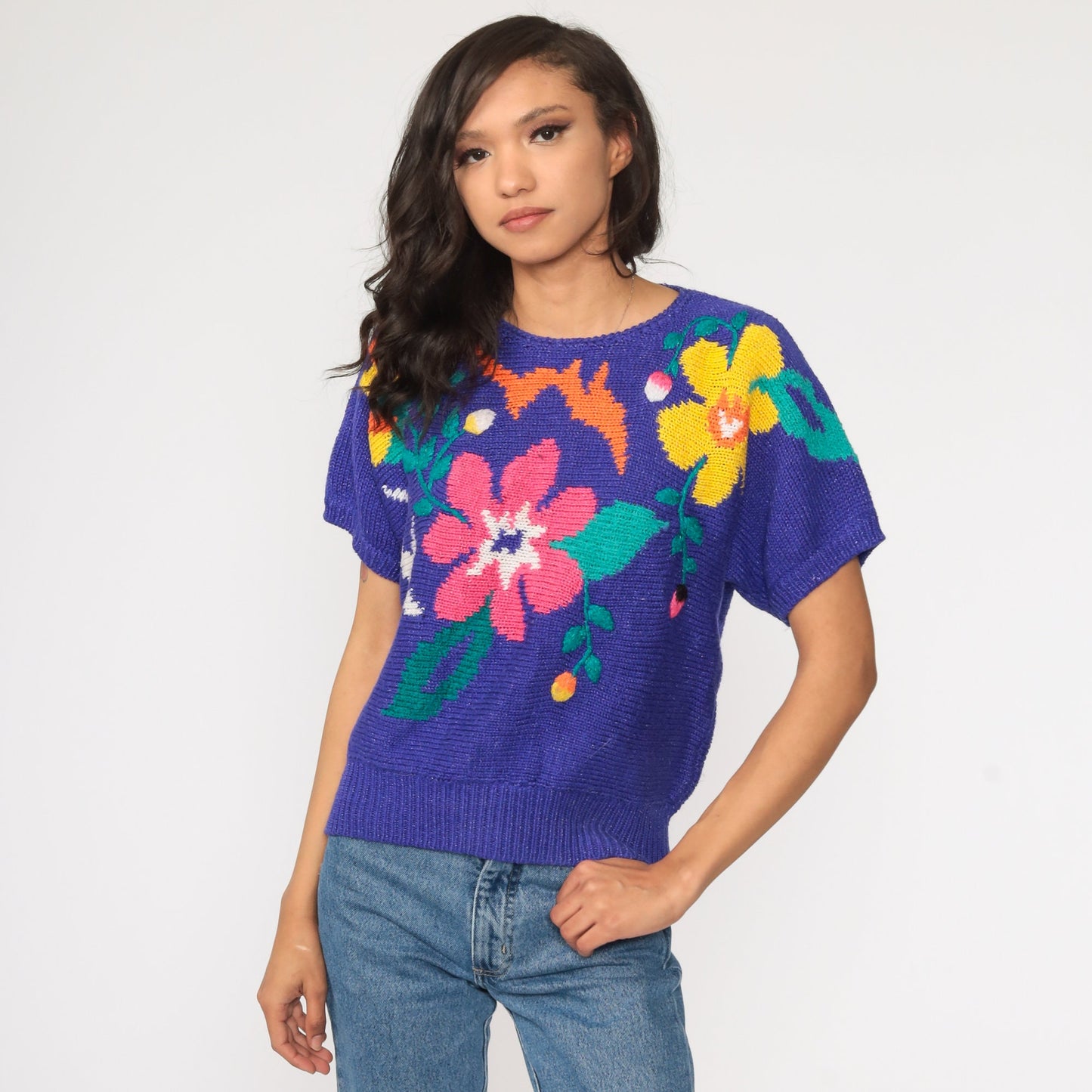 80s Purple Floral Knit Sweater Short Sleeve Top Medium
