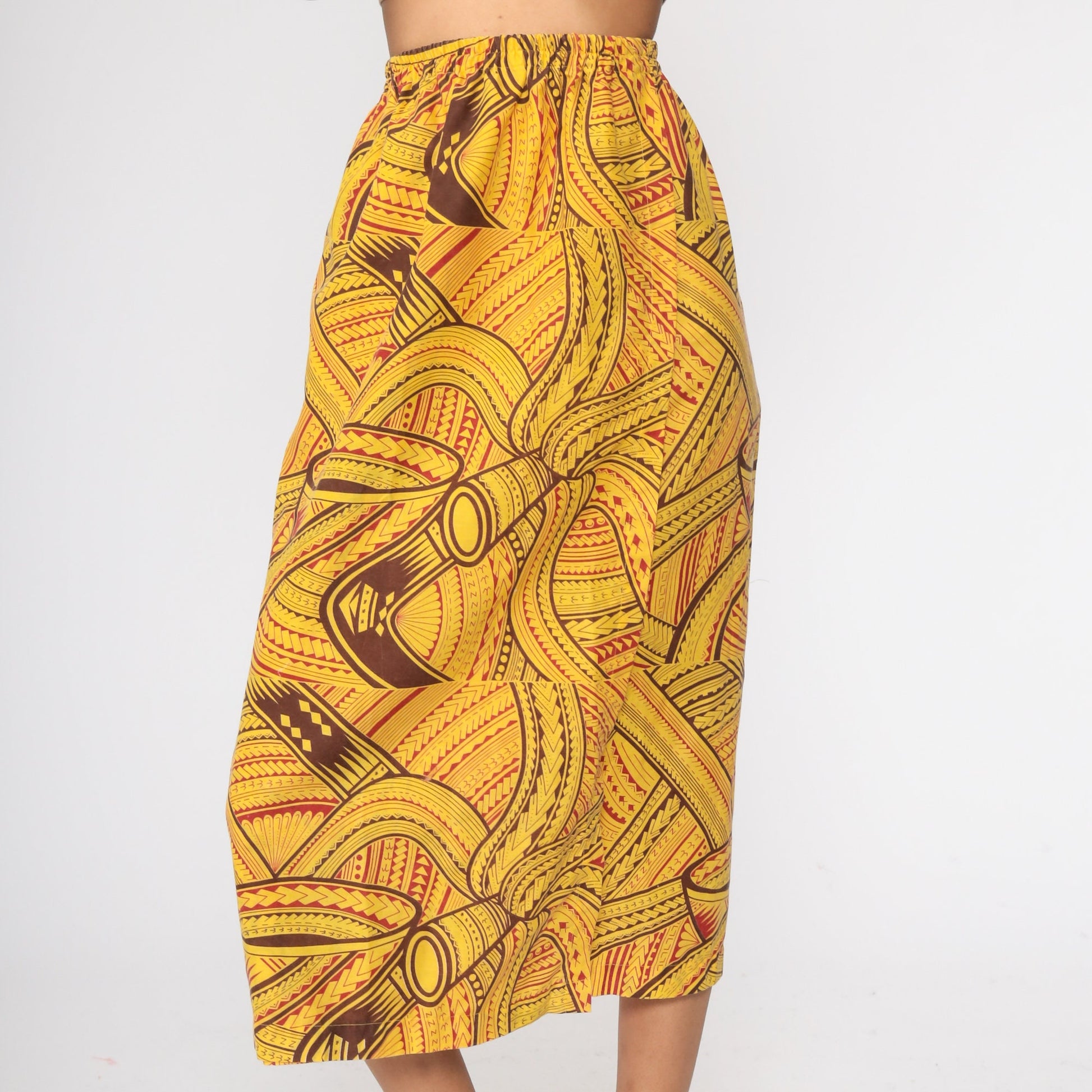 80s African Print Yellow Midi Skirt Elastic Waist Small Medium