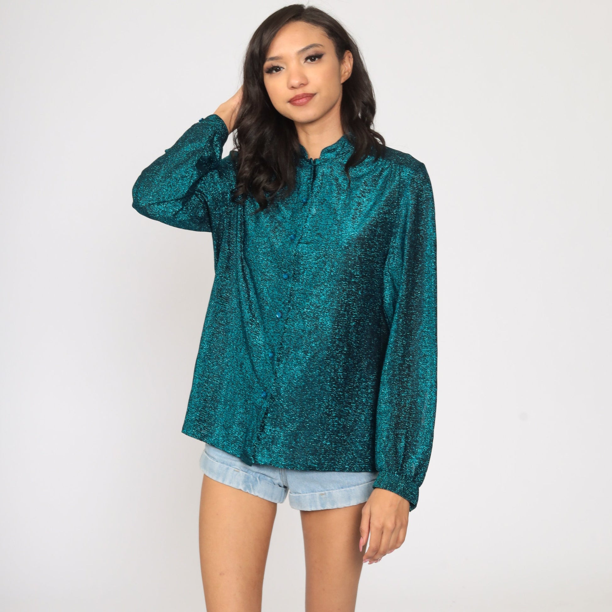 Metallic Blue Sheer Button-Up Blouse Long Sleeve 90s Medium