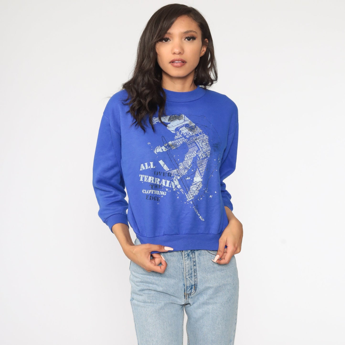 90s All Over Terrain Ski Graphic Sweatshirt Blue Crewneck Small