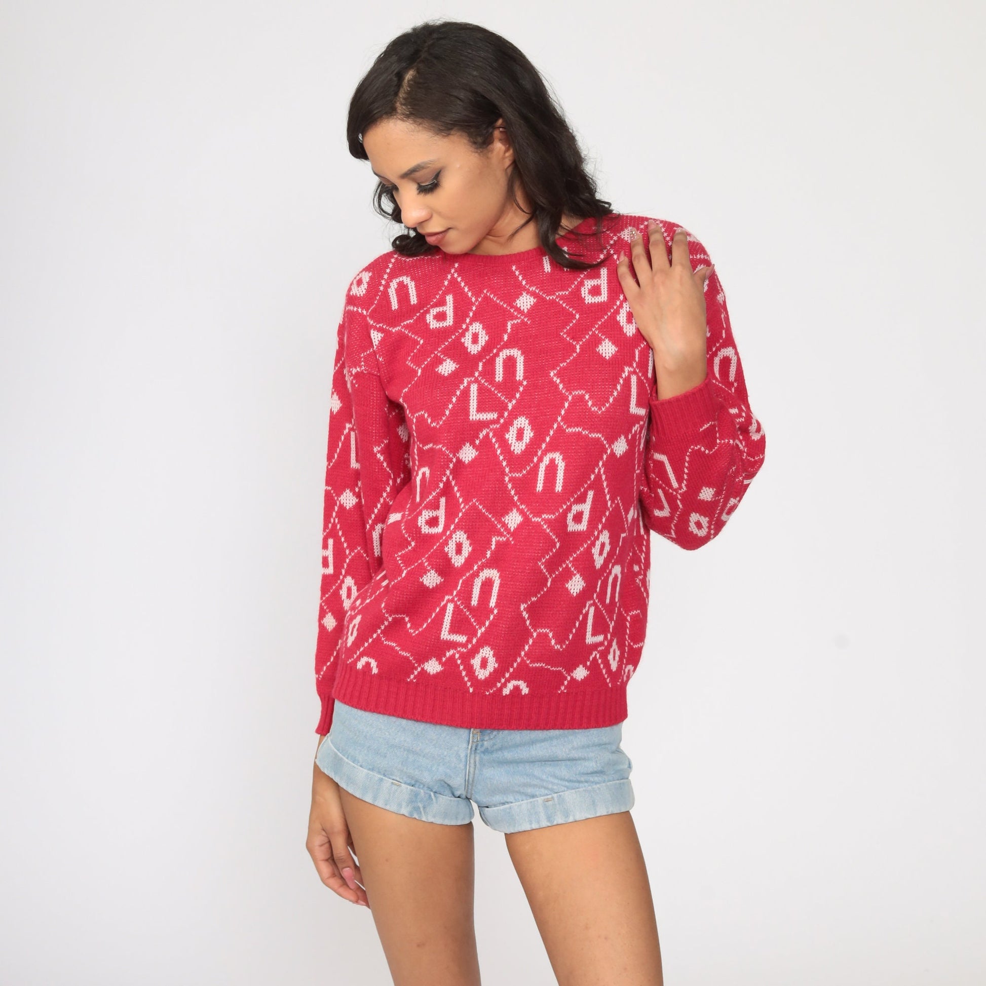 80s London Spellout Knit Sweater Pink Geometric Pullover Small S