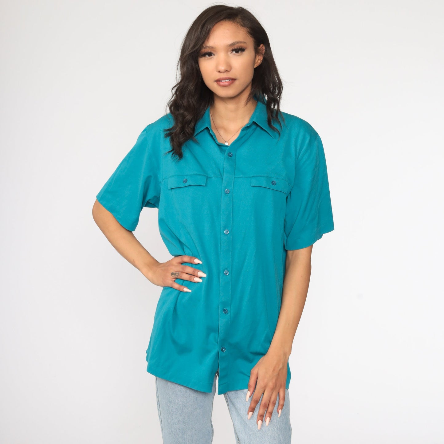 80s Teal Button-Up Shirt Short Sleeve Vintage Unisex Large