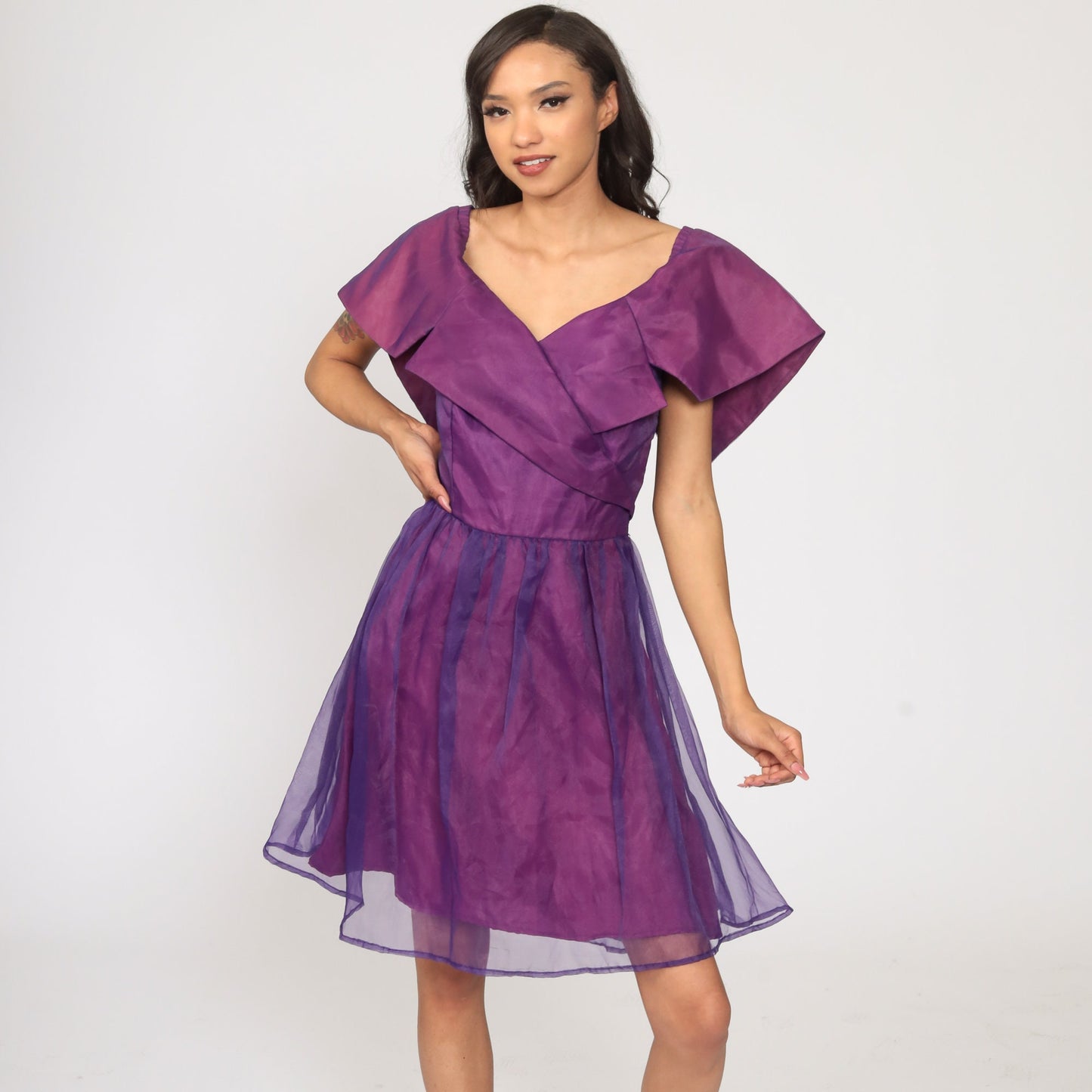 70s Purple Organza Wrap Dress High Waist Deep V Neck Mini Small