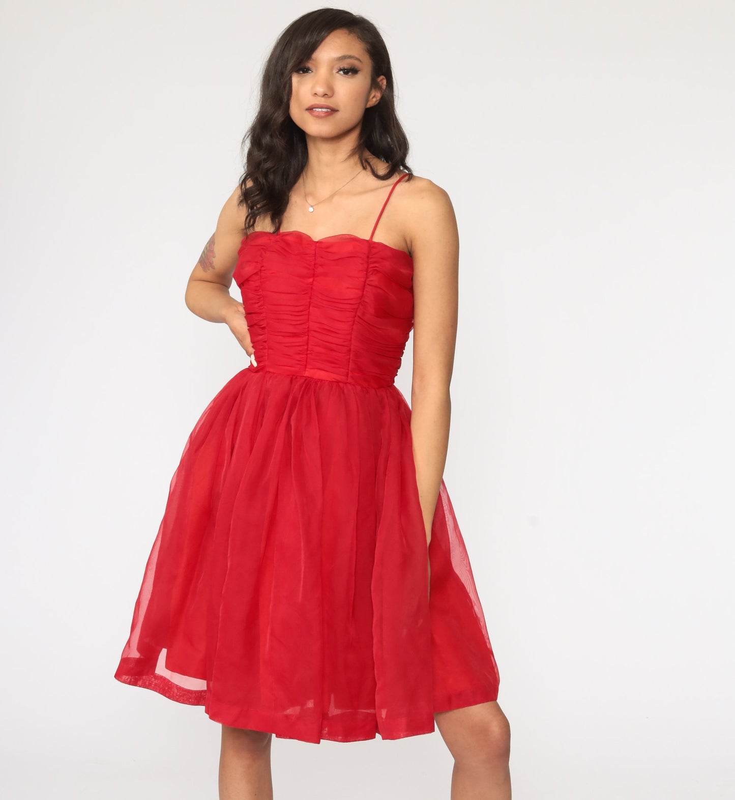 1950s Red Chiffon Party Dress Spaghetti Strap Tea Length Extra Small