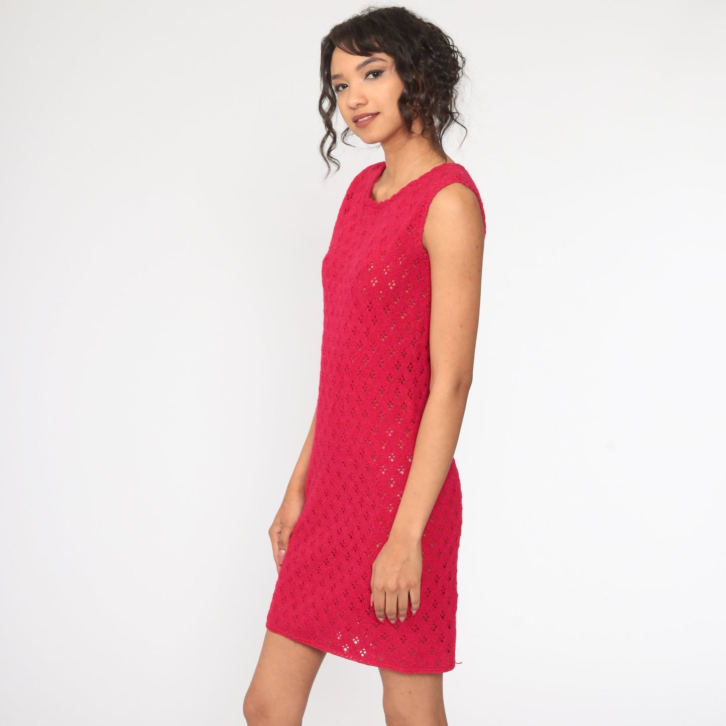 70s Sheer Pink Crochet Knit Mini Dress Sleeveless Shift Small Medium