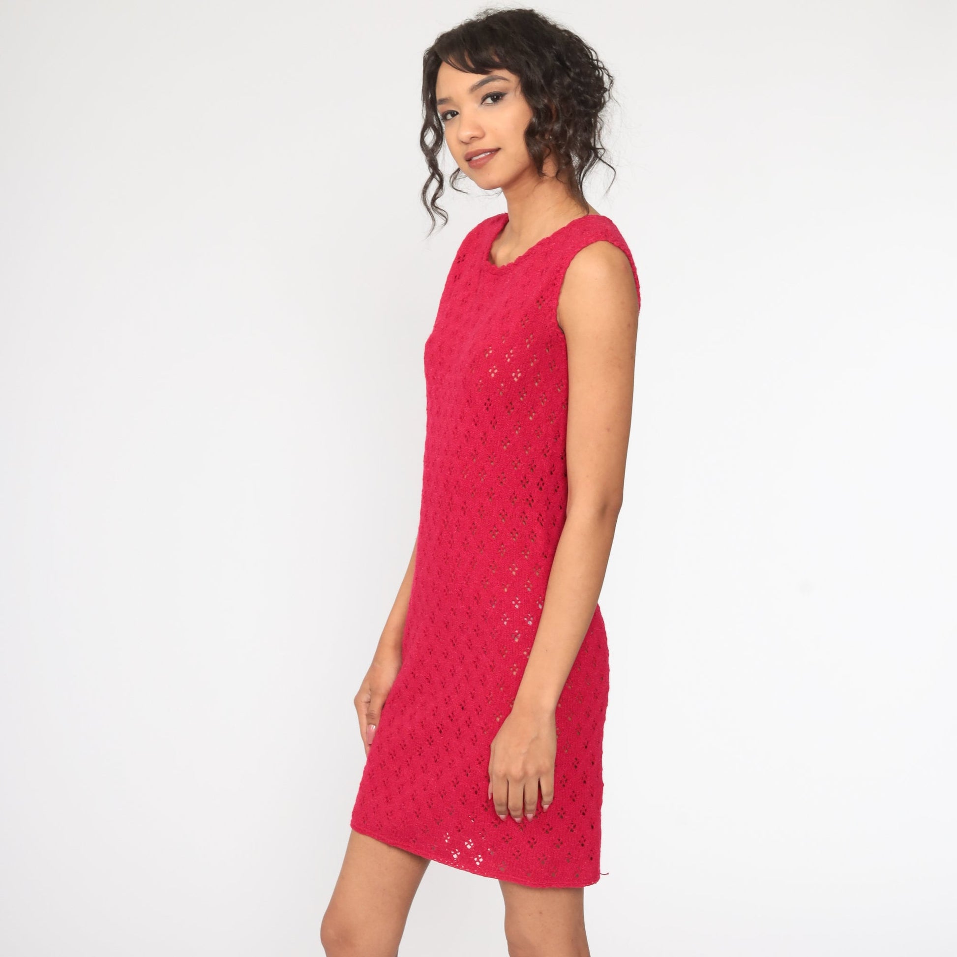 70s Sheer Pink Crochet Knit Mini Dress Sleeveless Shift Small Medium