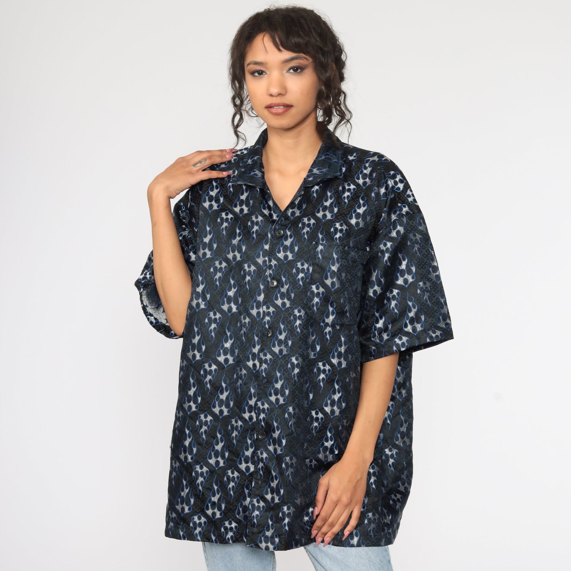 Y2K Flames Button-Up Shirt Blue Short Sleeve 00s Raver Top Extra Large XL