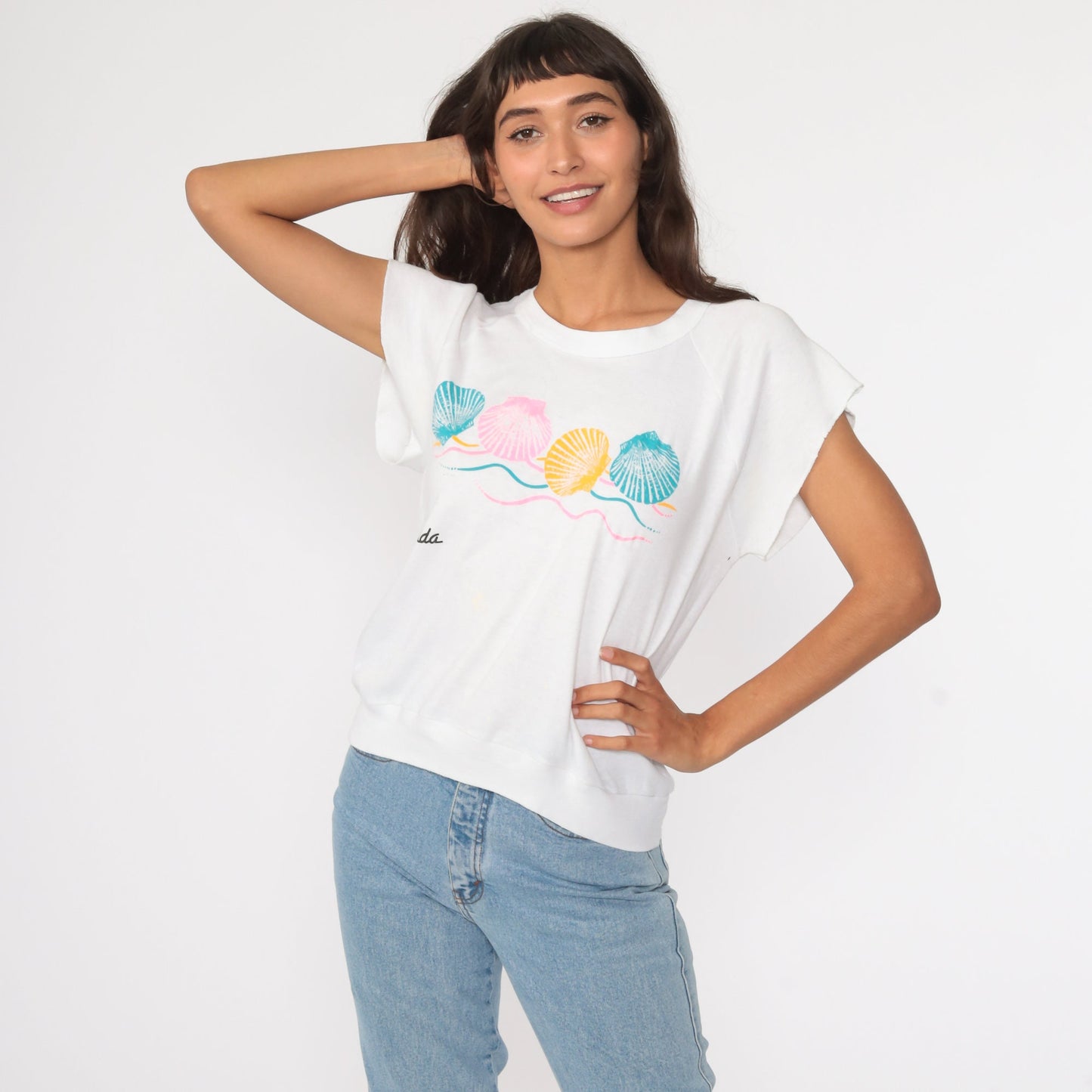 80s Florida Seashell Graphic T-Shirt White Cotton Tee Medium Large
