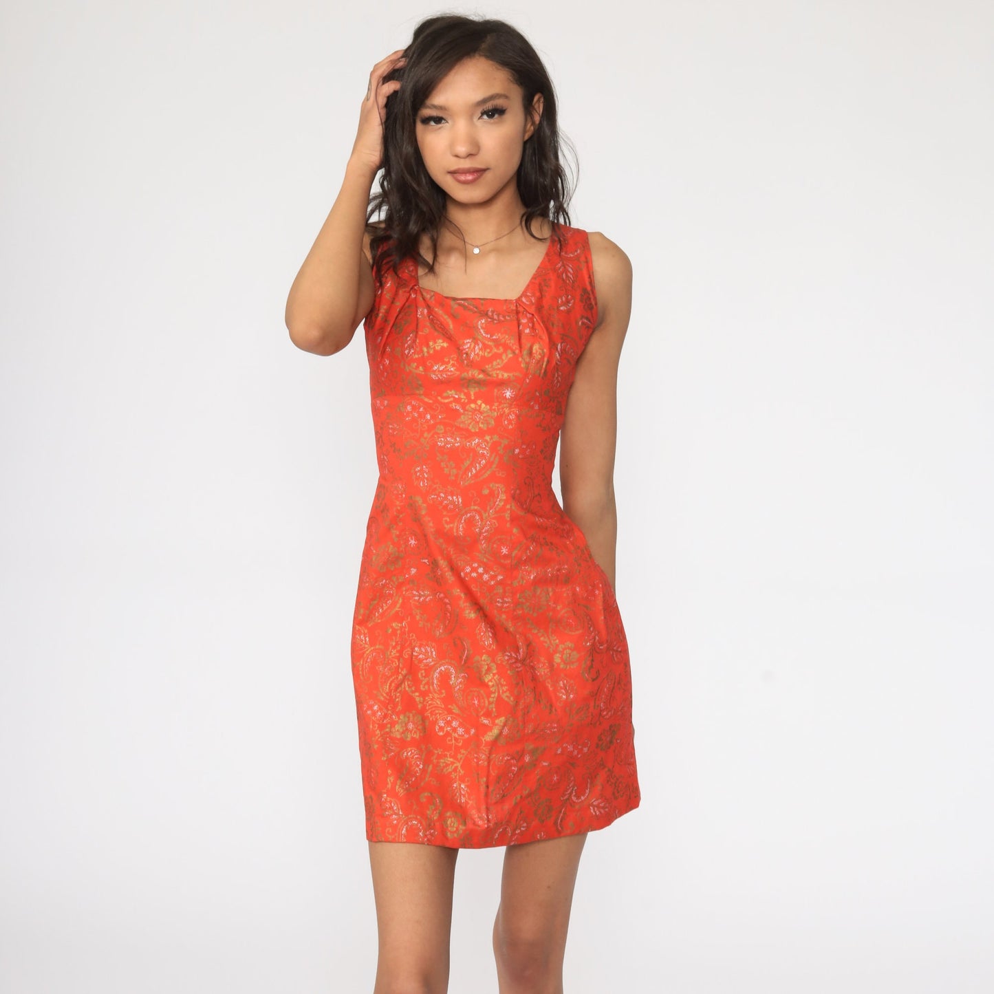 1950s Alfred Shaheen Hawaiian Sheath Dress Orange Floral Mini Extra Small