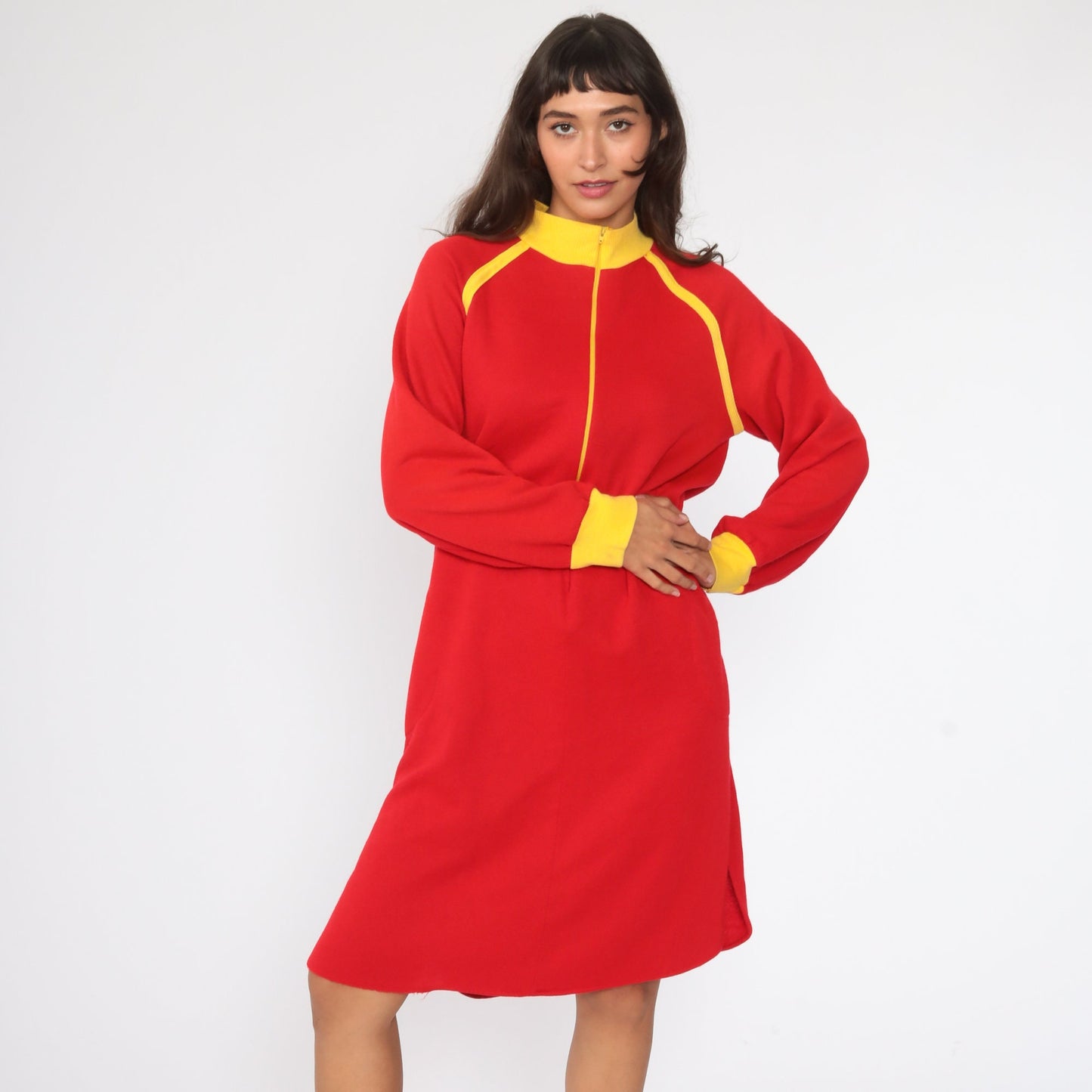 80s Red Pajama Dress Nightgown Yellow Trim Zip Front Mini