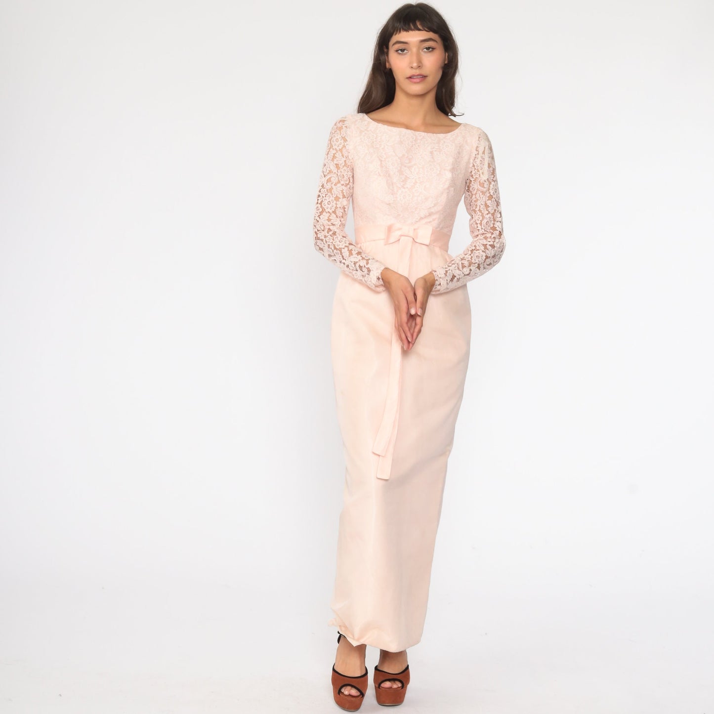 1950s Baby Pink Lace Cocktail Dress Bow Waist Pencil Skirt Extra Small