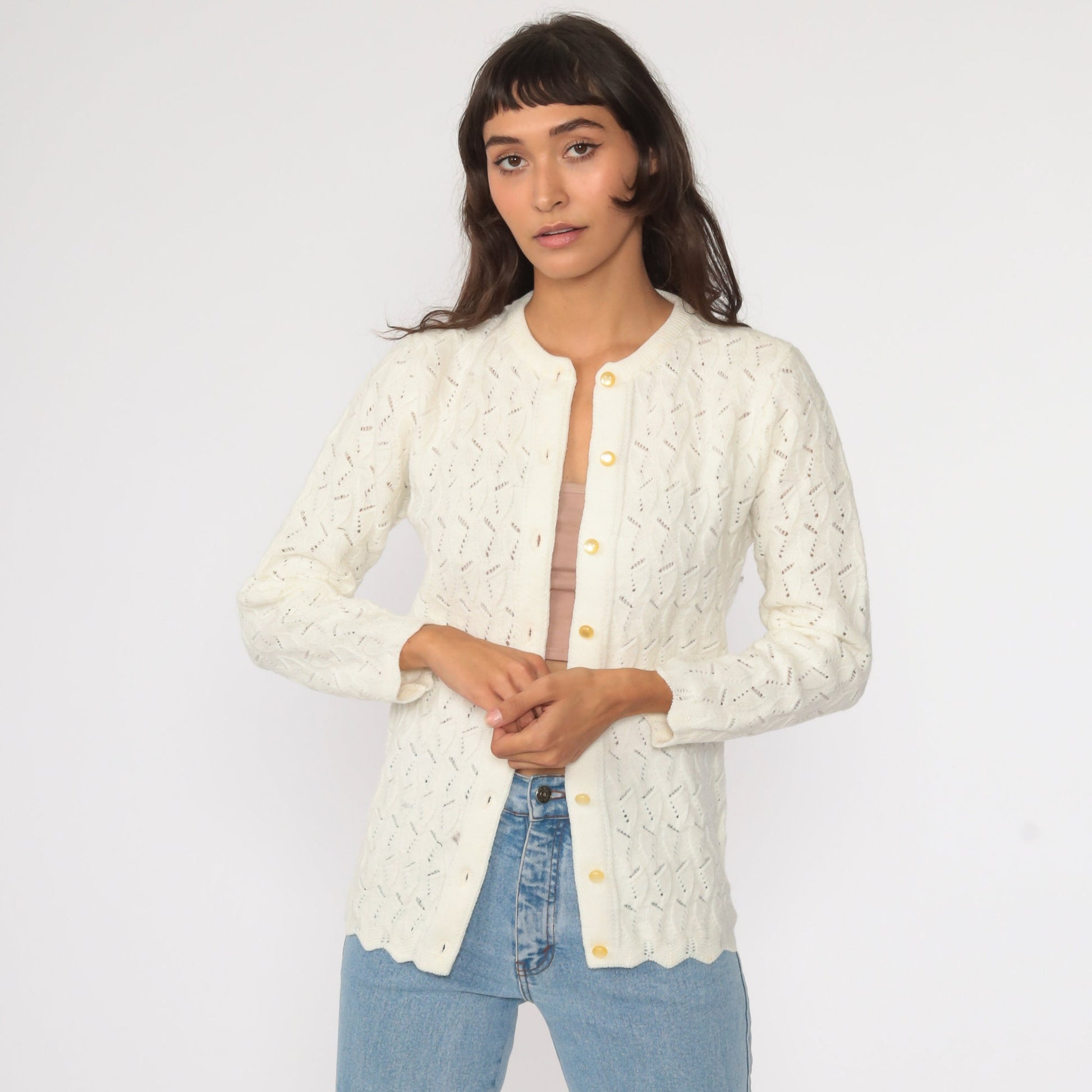 70s Off-White Pointelle Cardigan Sweater Button Up Small