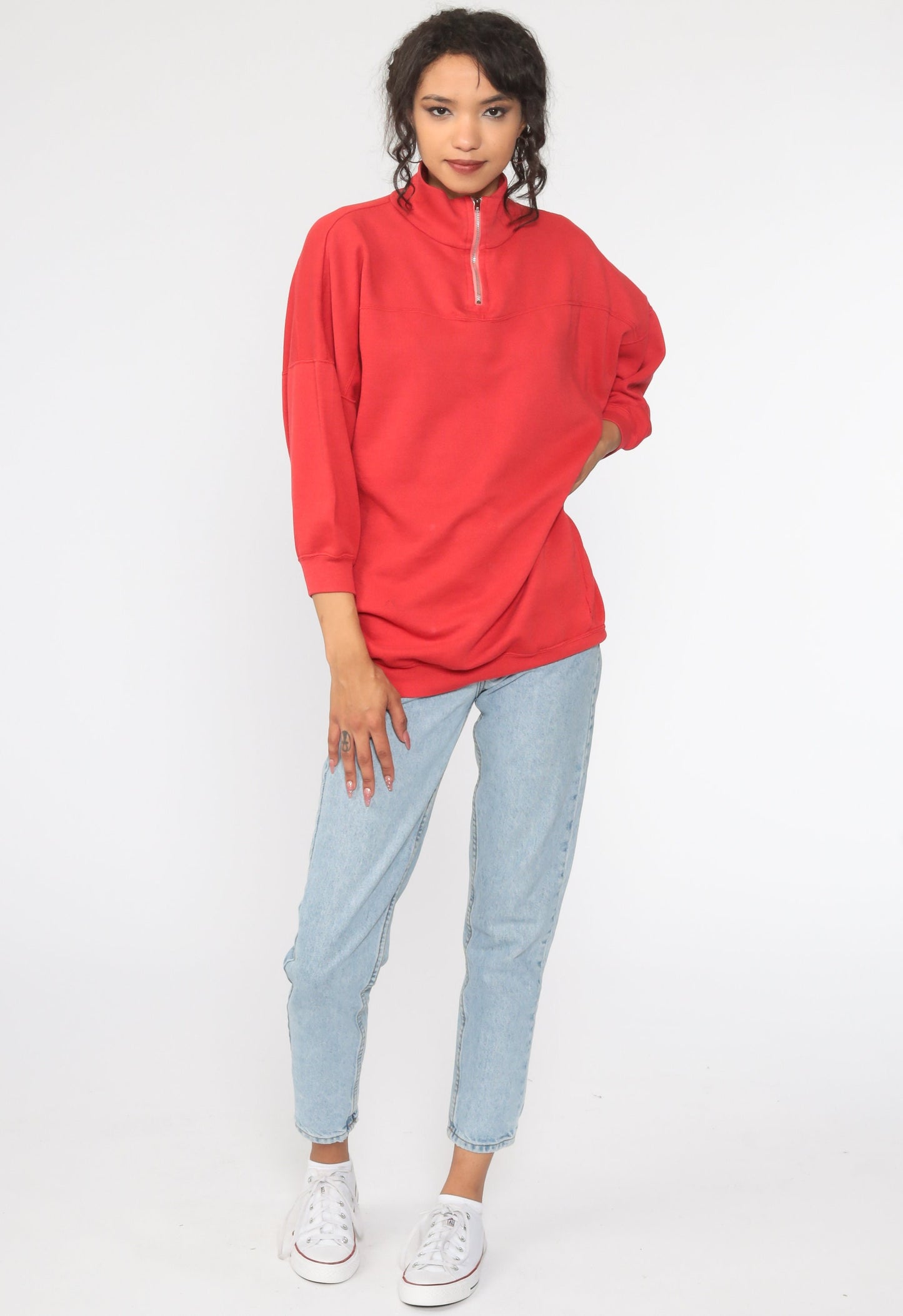 90s Red Quarter Zip Funnel Neck Sweatshirt Pullover Large L