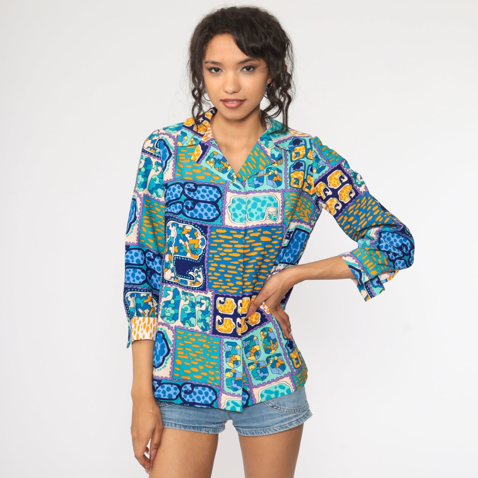 70s Psychedelic Acid Print Button-Up Shirt Blue 3/4 Sleeve Small