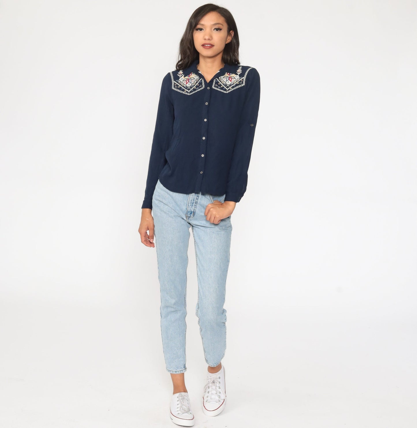 90s Navy Beaded Embroidered Floral Button-Up Blouse Long Sleeve Small