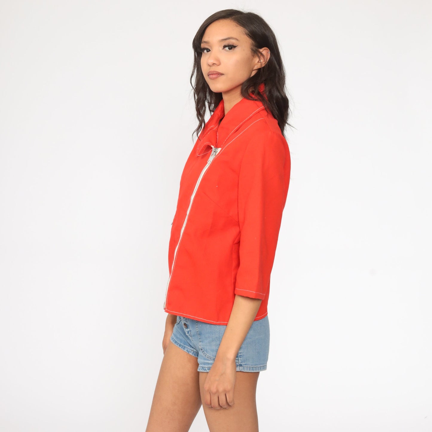 70s Red Zip Jacket Asymmetrical Collar 3/4 Sleeve Small Medium