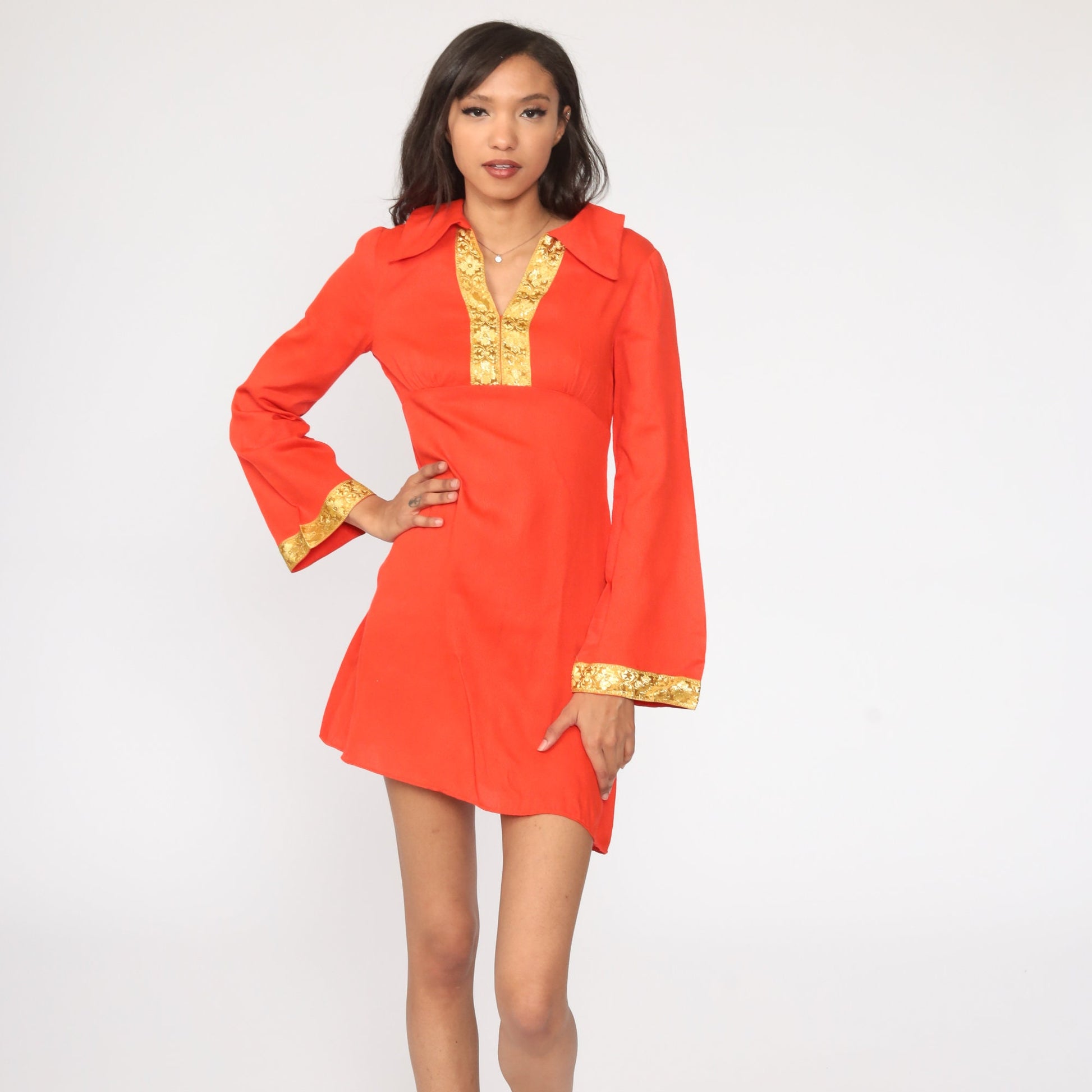70s Red-Orange Babydoll Dress Gold Trim Bell Sleeve Empire Waist Mini Small