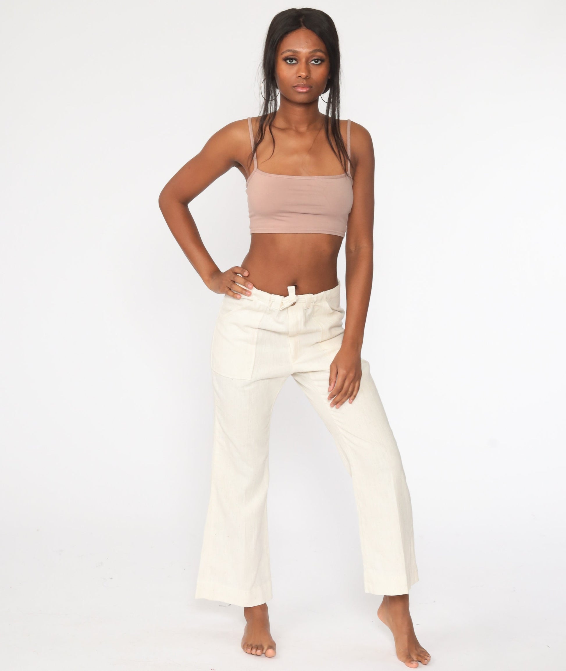 70s Bell Bottom Pants Off-White Cotton Drawstring Mid Rise Small