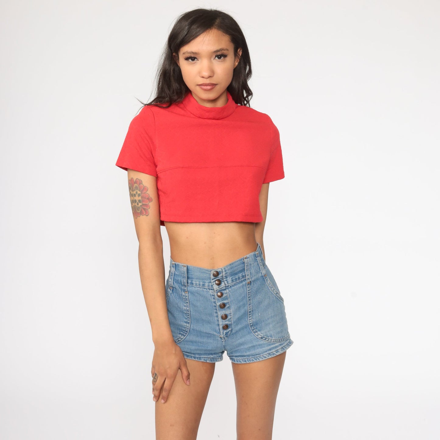 70s Red Mock Neck Crop Top Short Sleeve Polyester Shirt Small