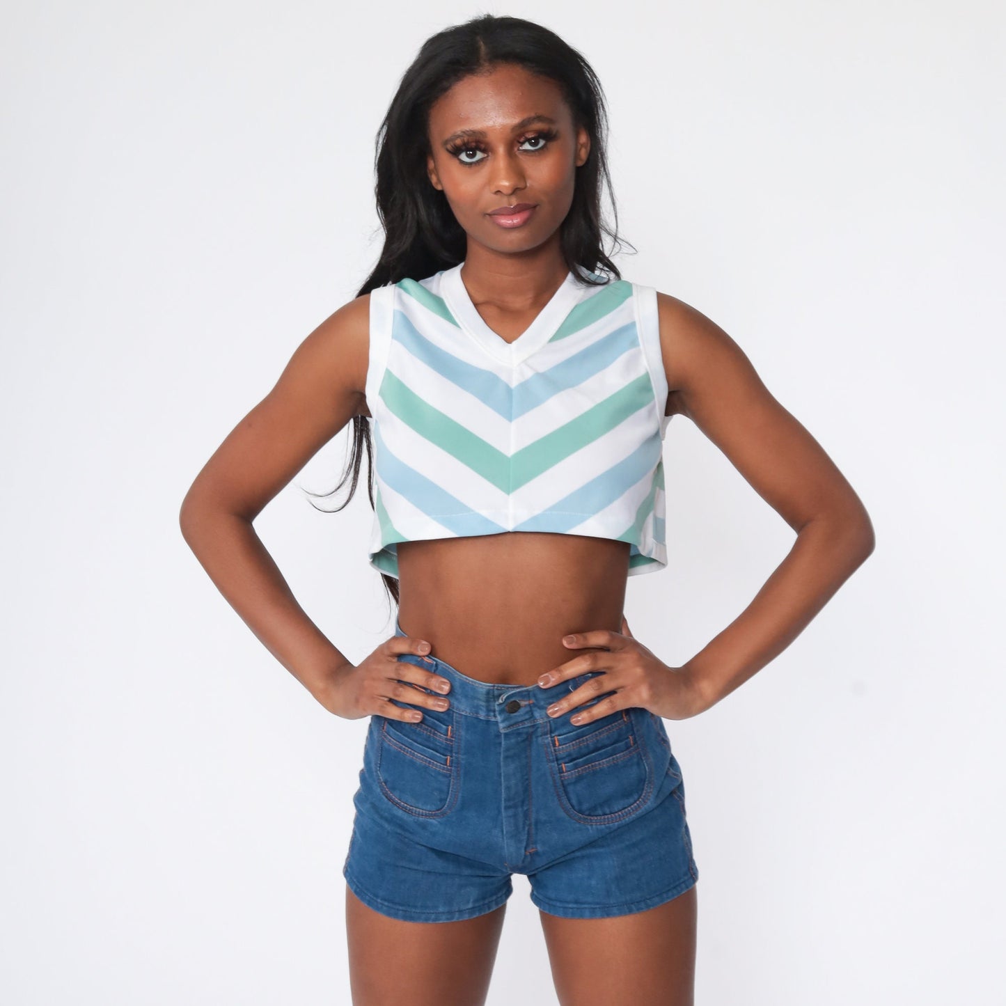 70s Striped Tank Top Crop Sleeveless V-Neck Green Blue White Extra Small