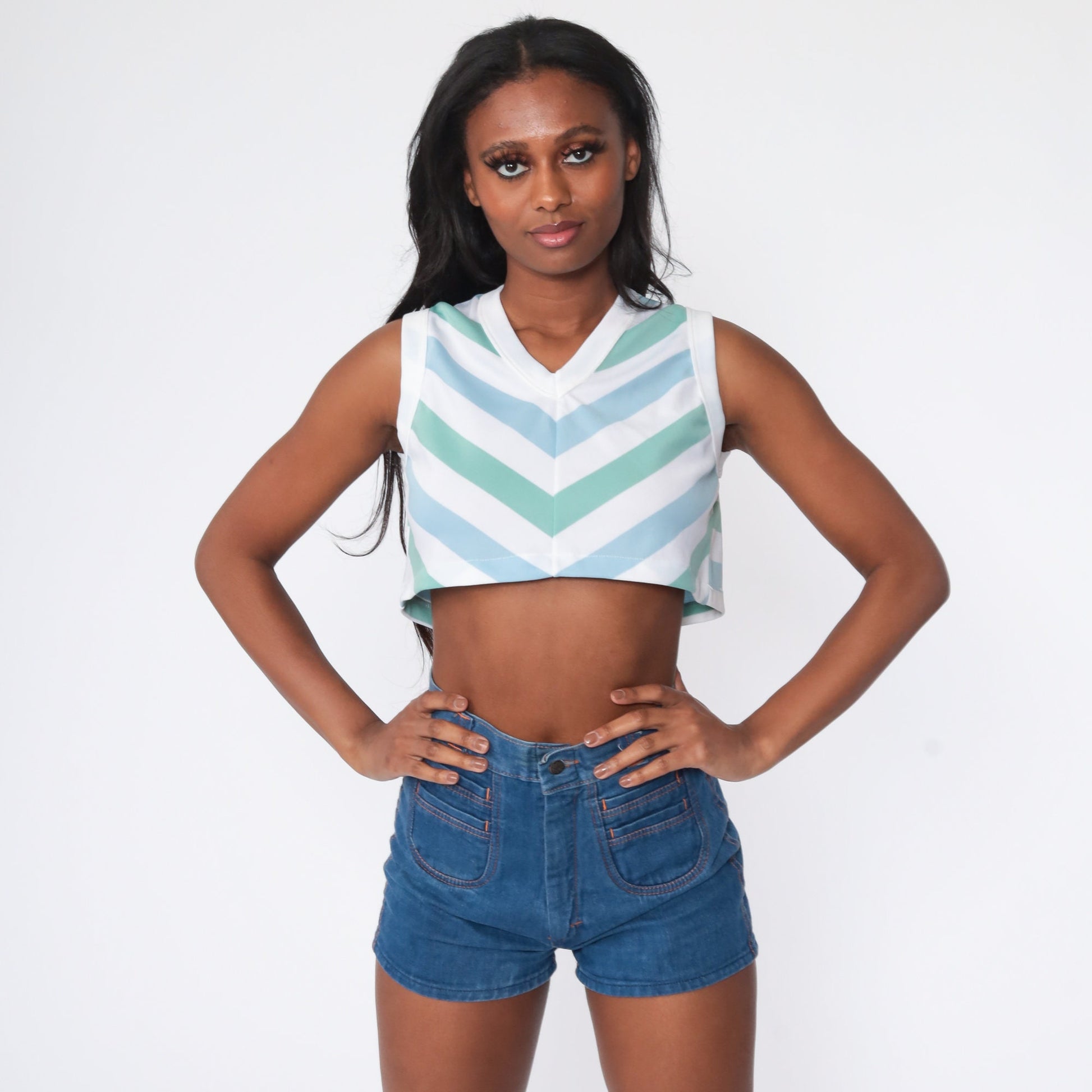 70s Striped Tank Top Crop Sleeveless V-Neck Green Blue White Extra Small