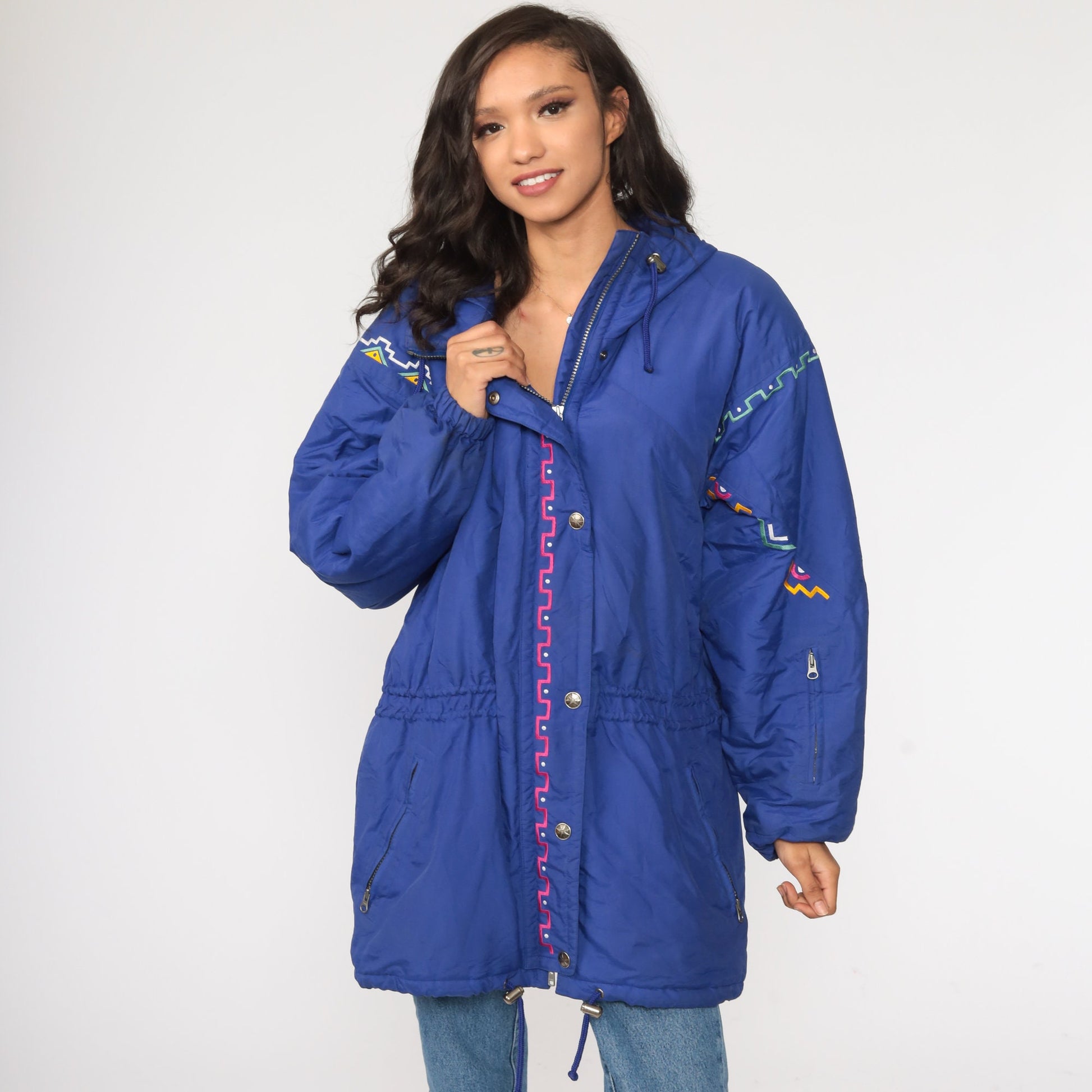 90s Purple Ski Jacket Southwestern Hooded Puffer Coat Large