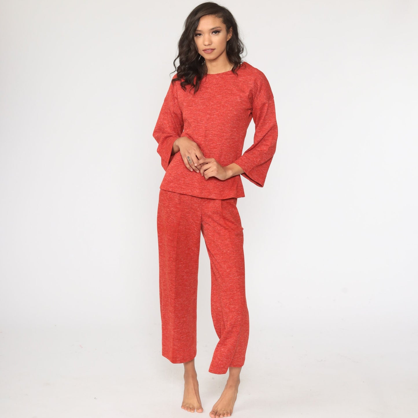 70s Red Bell Bottom Two Piece Set Long Sleeve Top Trousers Small