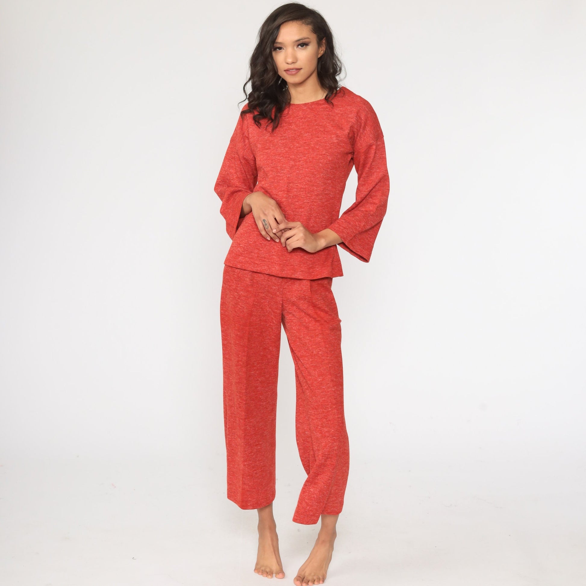 70s Red Bell Bottom Two Piece Set Long Sleeve Top Trousers Small