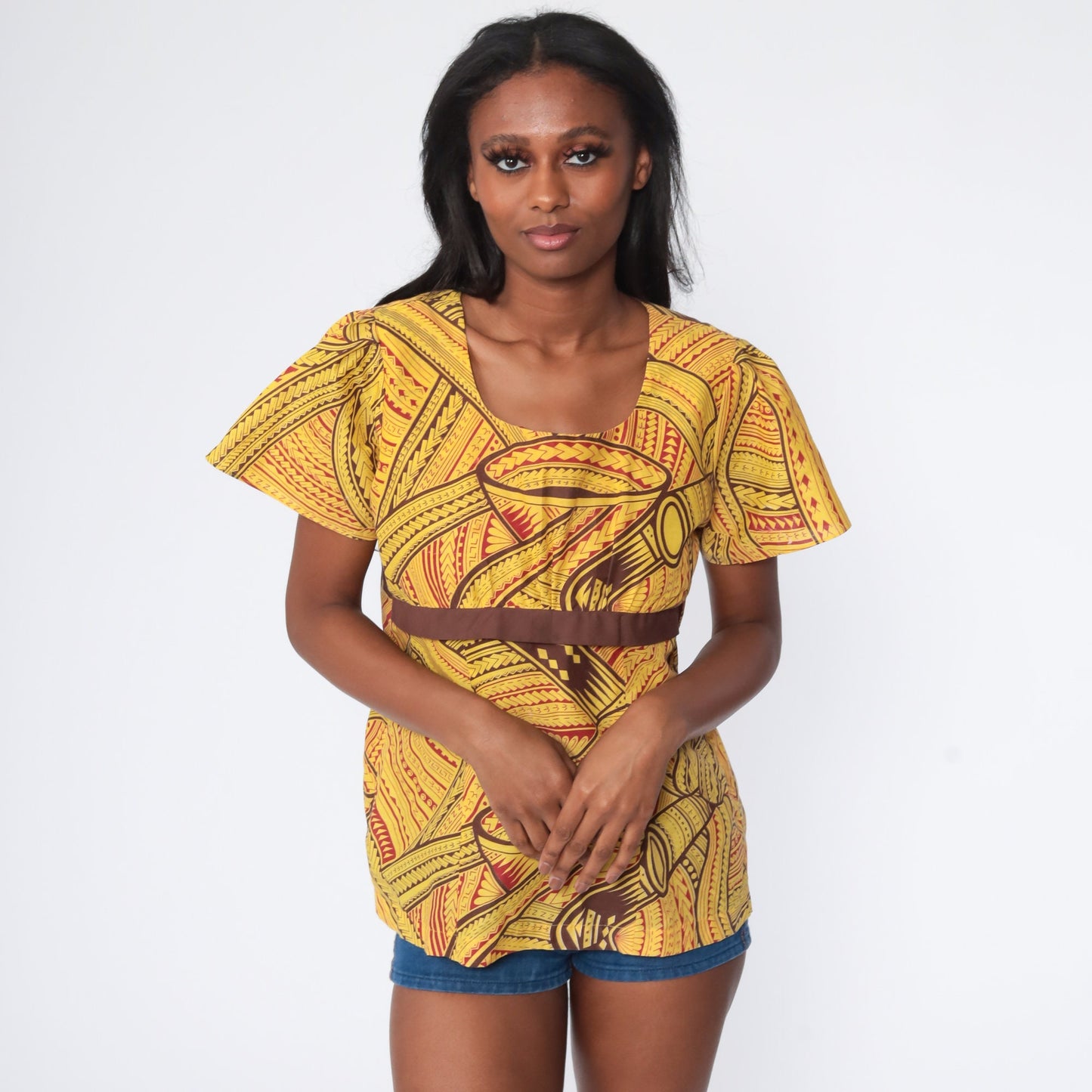 70s African Print Babydoll Top Yellow Puff Sleeve Empire Waist Medium