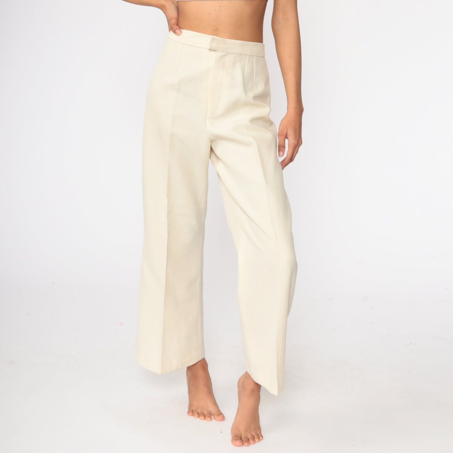 70s Cream Bell Bottom Trousers High Waist Vintage Pants Small 27
