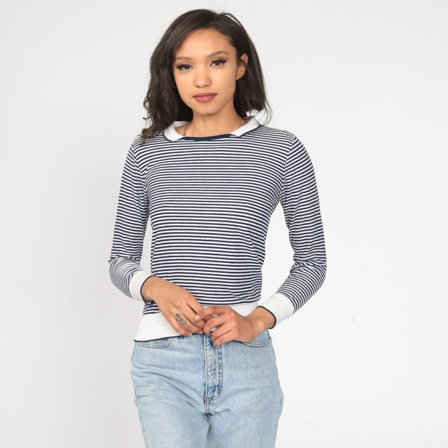 80s Blue White Striped Collared Shirt Long Sleeve Cotton Small