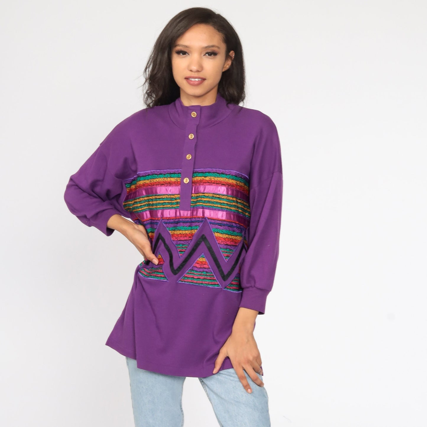 80s Purple Rainbow Striped Cotton Button-Up Blouse Mock Neck Medium