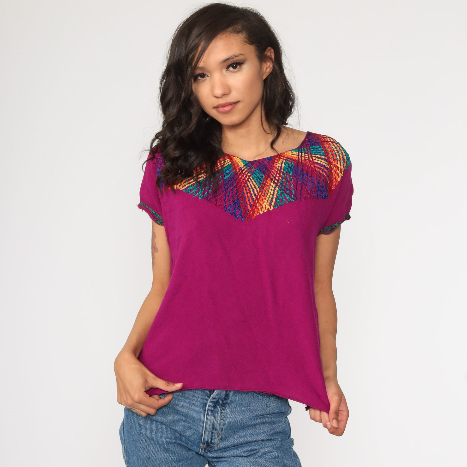 90s Purple Rainbow Striped Tunic Top Short Sleeve Small S