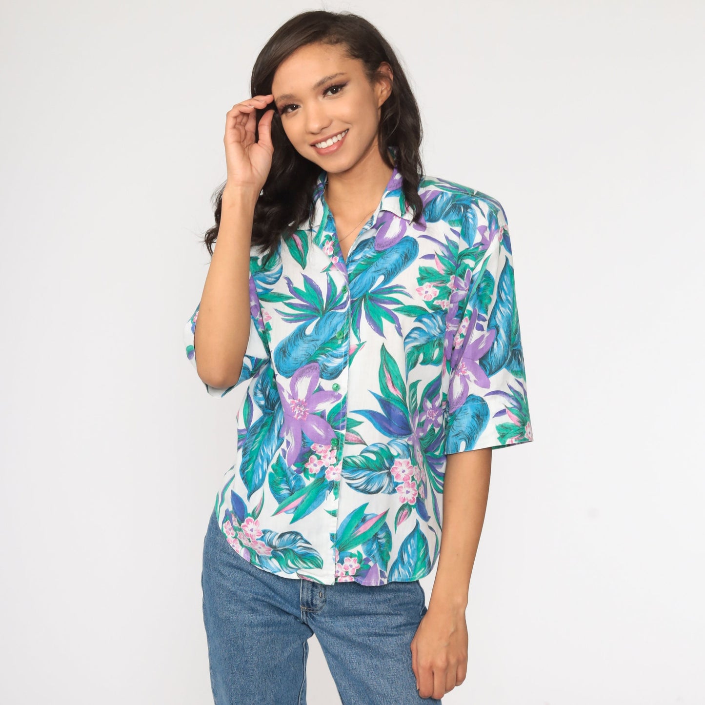 80s Tropical Floral Button-Up Shirt Green Purple Hawaiian Blouse Small